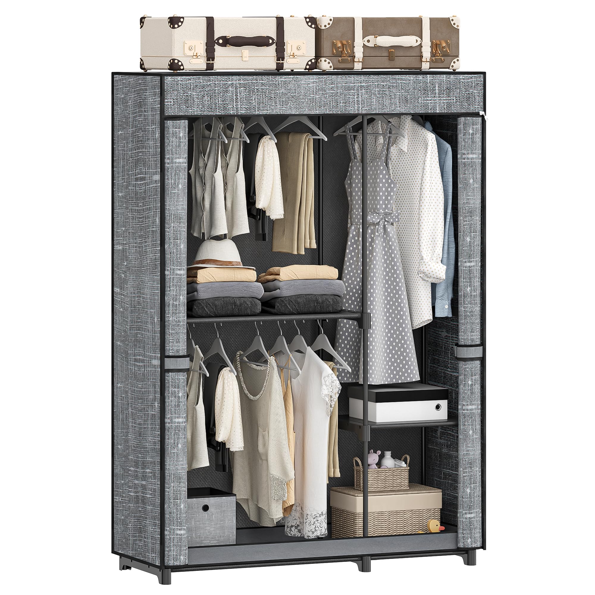 Closet Wardrobe, 48.8-inch Portable Closet for Bedroom, 3 Clothes Rail Clothes Rail with Fabric Cover, Clothes Storage Organizer, 48.8 x 16.9 x 71.8 Inches, 4 Compartments, Grey WC09304G