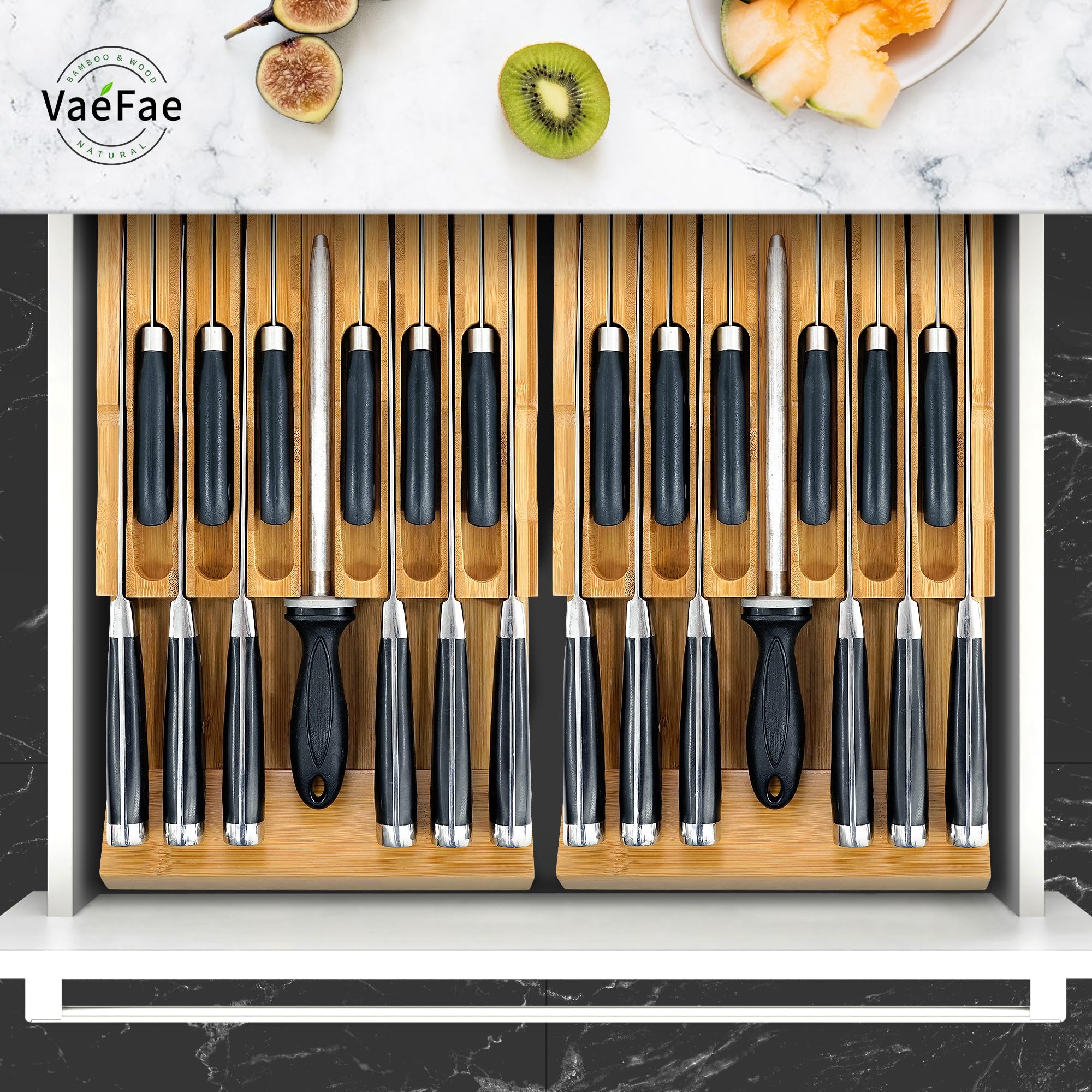 Blocco coltelli per cassetto in bambù, inserto organizer per cassetti per coltelli da cucina, cassetto per 12 coltelli, più uno slot per affilare coltelli (senza coltelli)
