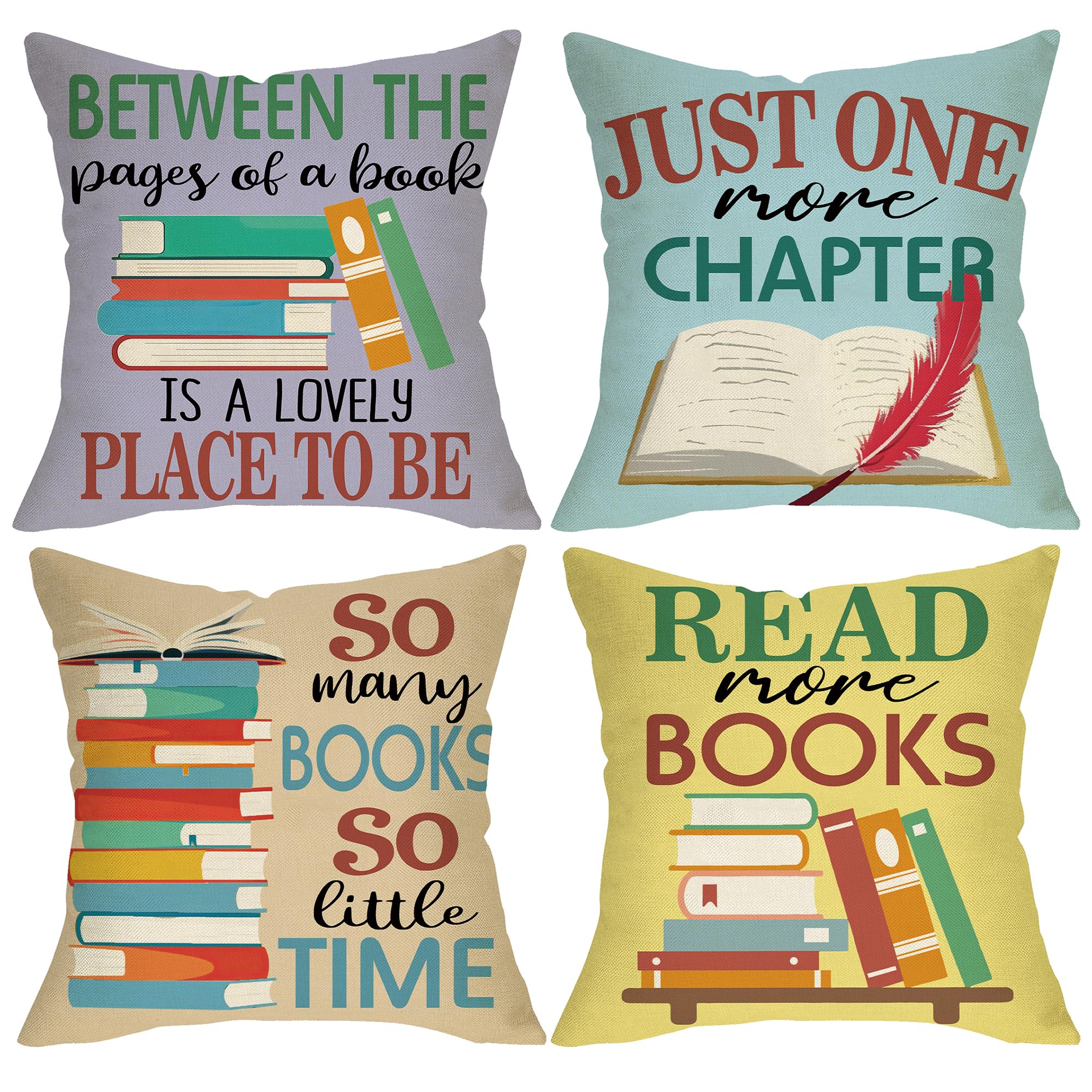 Fjfz Reading Corner Books Decorative Throw Pillow Covers 18 x 18 Set of 4 Inspirational Literary Quote Library