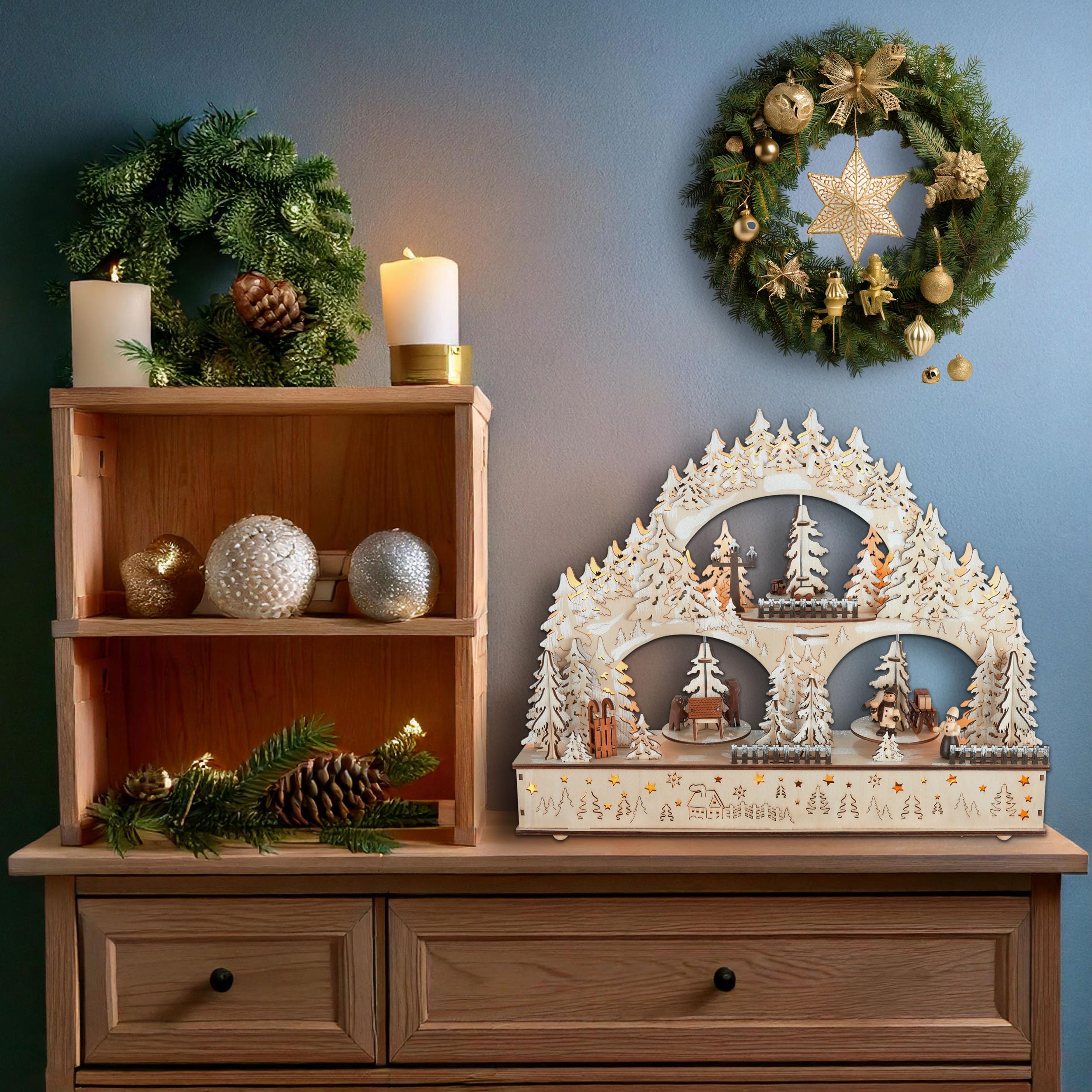 Brubaker 3D Lichterbogen - LED Schwibbogen - Winterlandschaft 2026 - Weihnachtsbeleuchtung aus Holz Natur - 37 x 46 x 10 cm - Handbemalte Figuren - Weihnachtsdeko für Tisch & Fenster