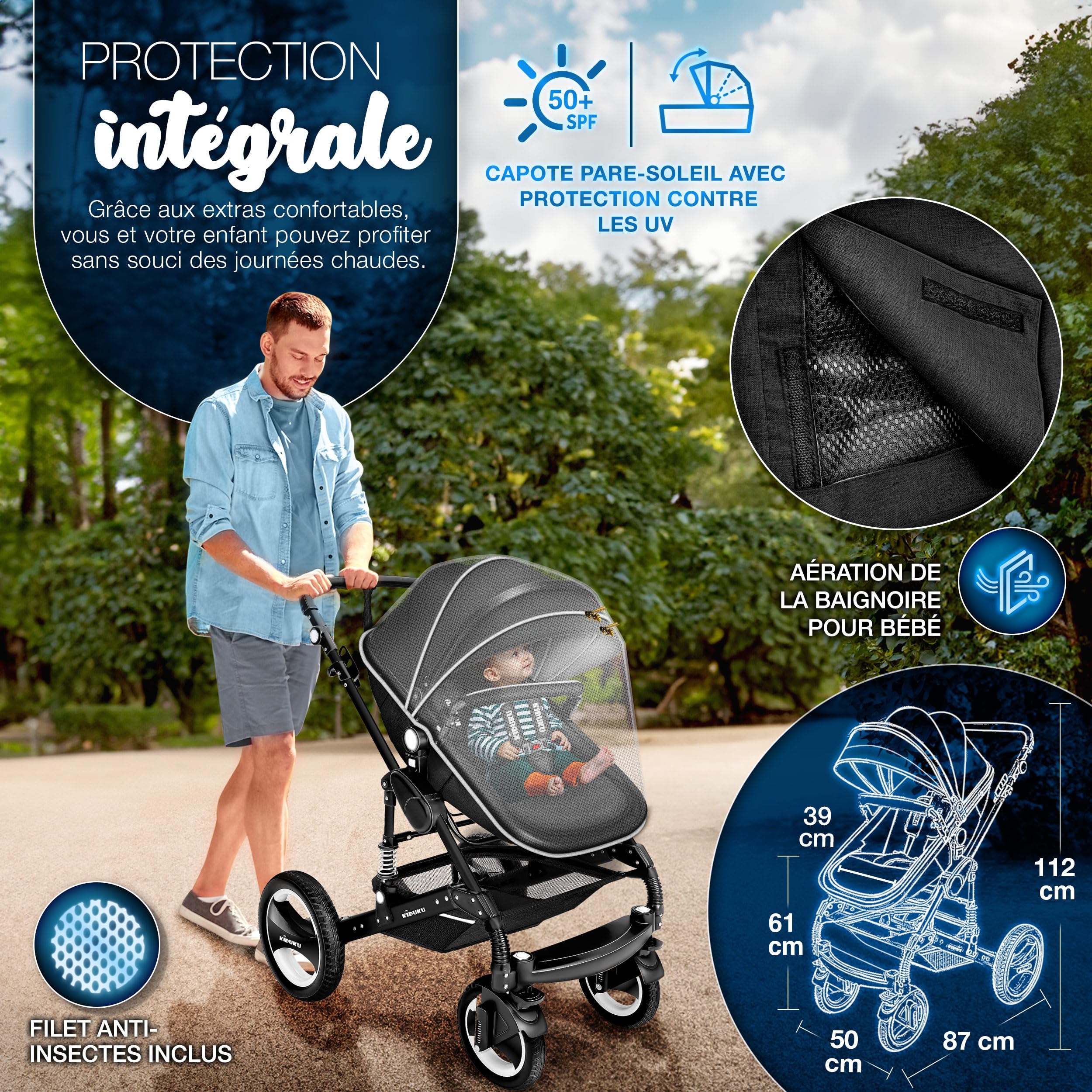 KIDUKU Poussette Combinée 3 en 1 Trio Siège Auto Légère Pliable Nacelle Souple Convertible Set de Voyage Noir