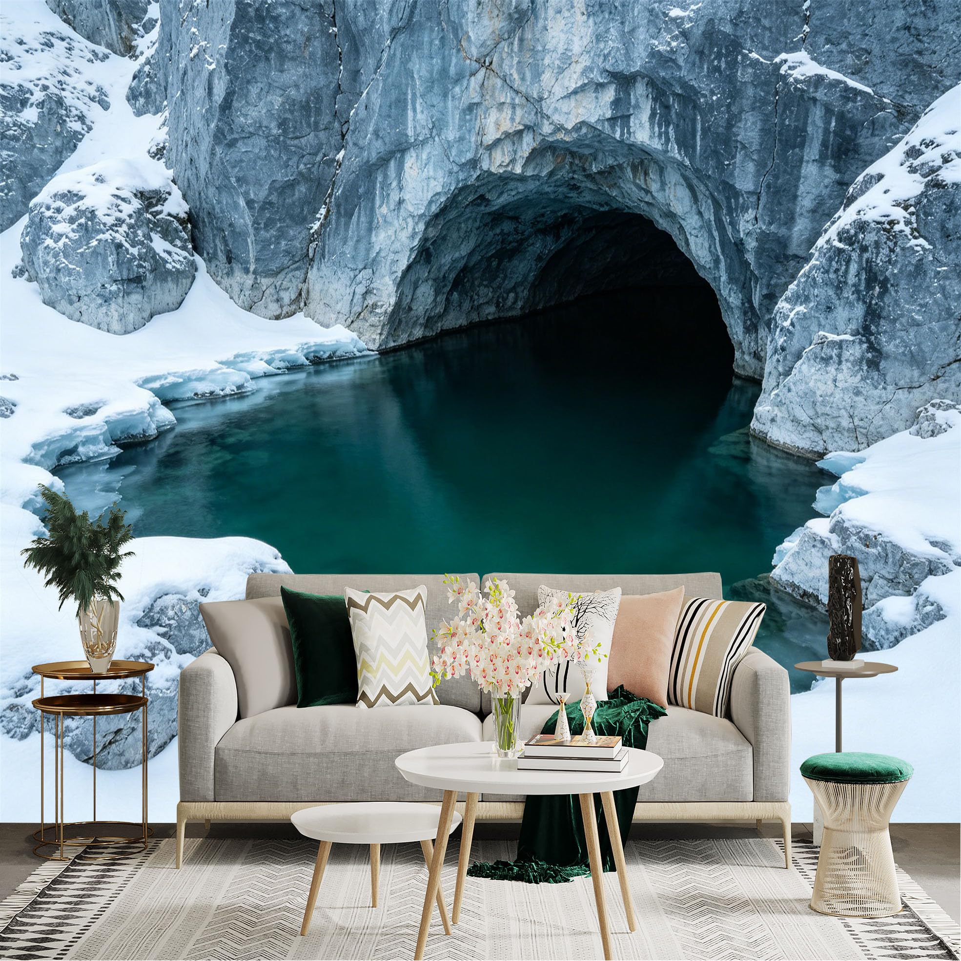 Lnzczhyre Dbh260521422 Custom Size Wall Sticker Mural， Snowy Mountain Cave， Frozen Alpine Lake， Winter Nature Landscape， Serene Icy Grotto， For Wall Decoration， Peelandstick Wall Decals.