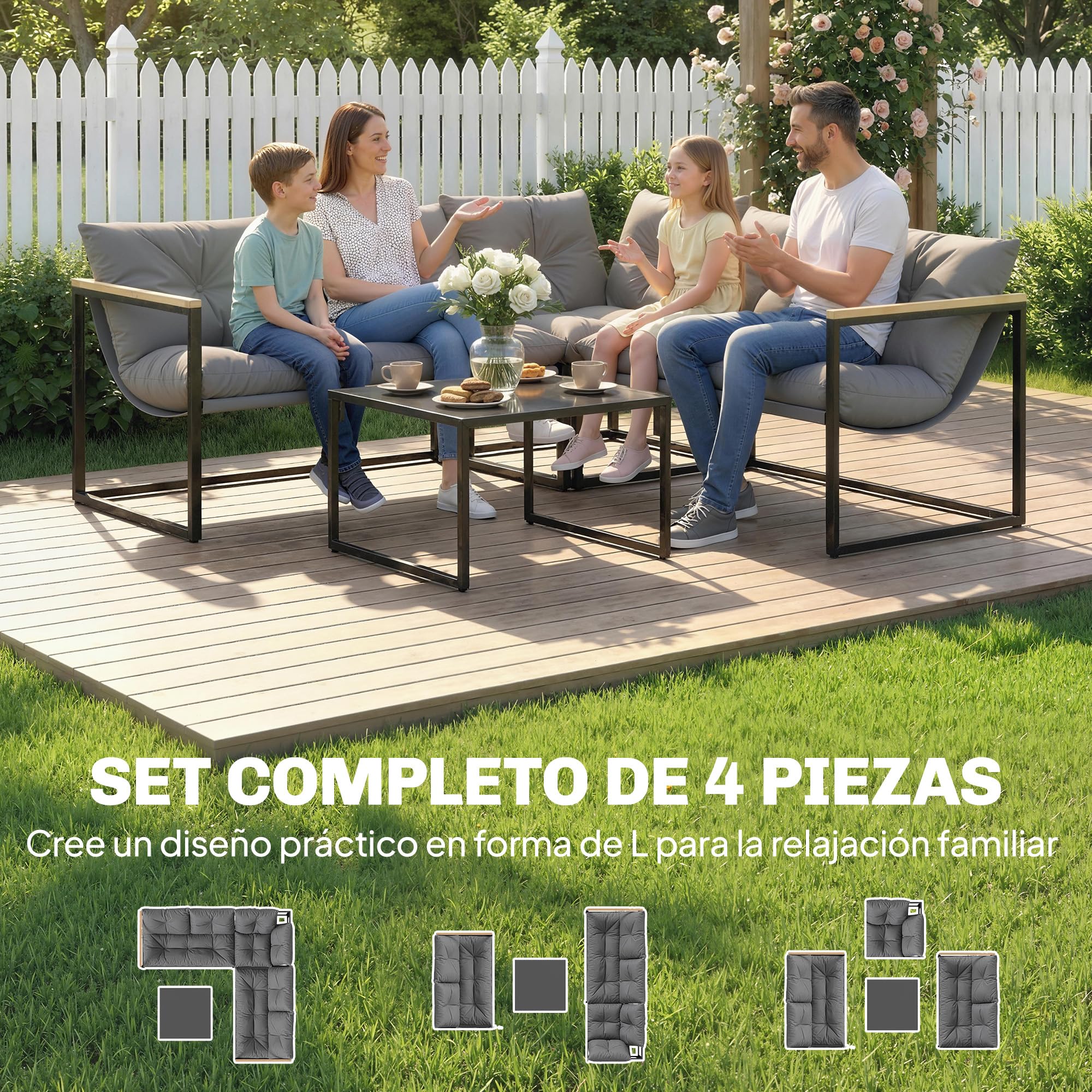 Outsunny Conjunto de Muebles Jardín Exterior de 4 Piezas Forma L Gris | Sofá Seccional Resistente, Cojines Gruesos, Sofá de Esquina, 2 Sillones de 2 Plazas, Mesa Centro Vidrio Templado