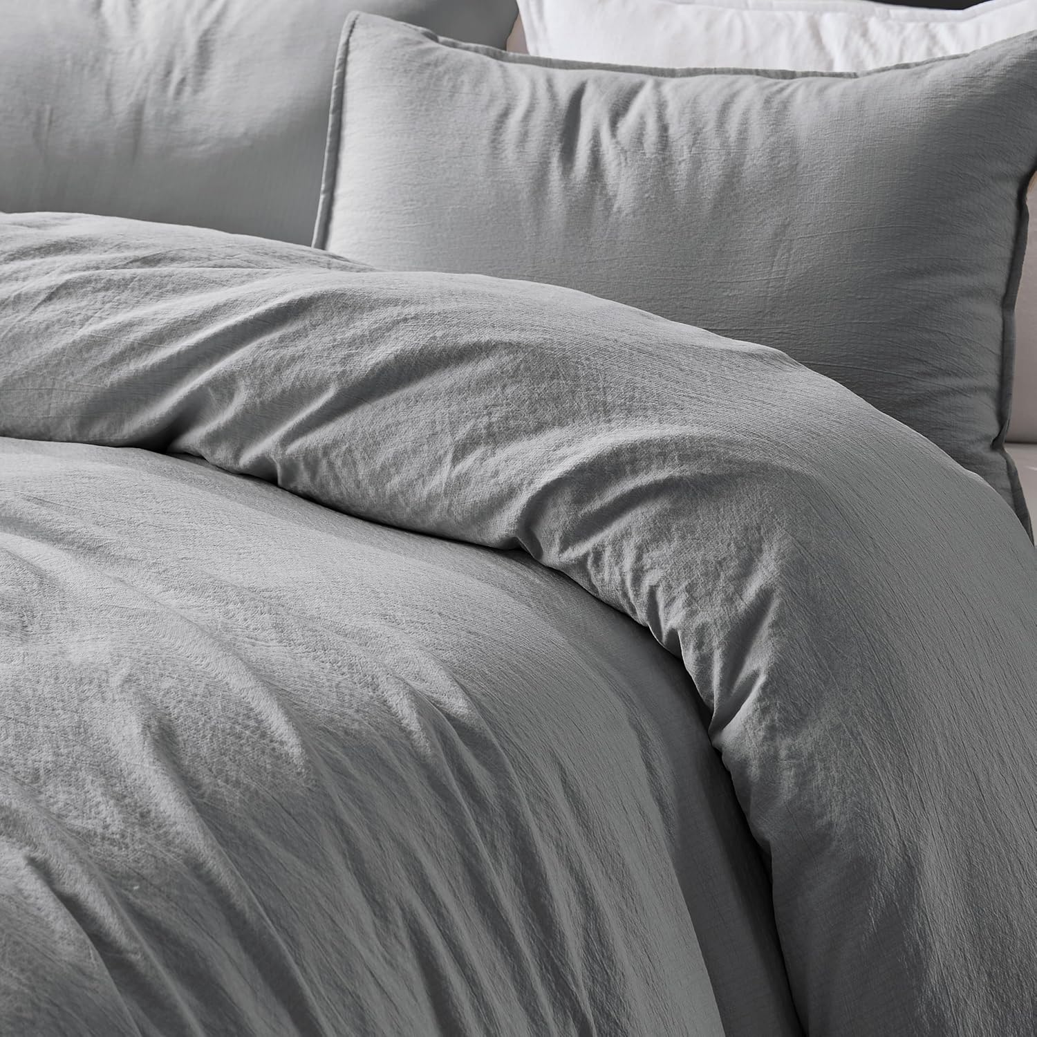 WDCOZY Grey Queen Size Jacquard Duvet Cover Set with Zipper Closure, Modern Washed Soft Striped Bedding, Textured Seersucker Like Cotton Linen, 1 Duvet Cover and 2 Pillow Shams, No Comforter