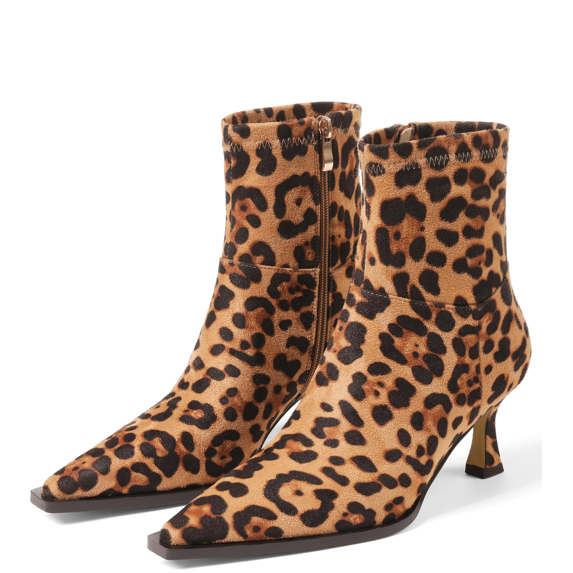 Womens Brown Suede Fall Boots with Side Zip Ankle Mid Calf Pointed Toe Kitten Heel Dressy Short Boots