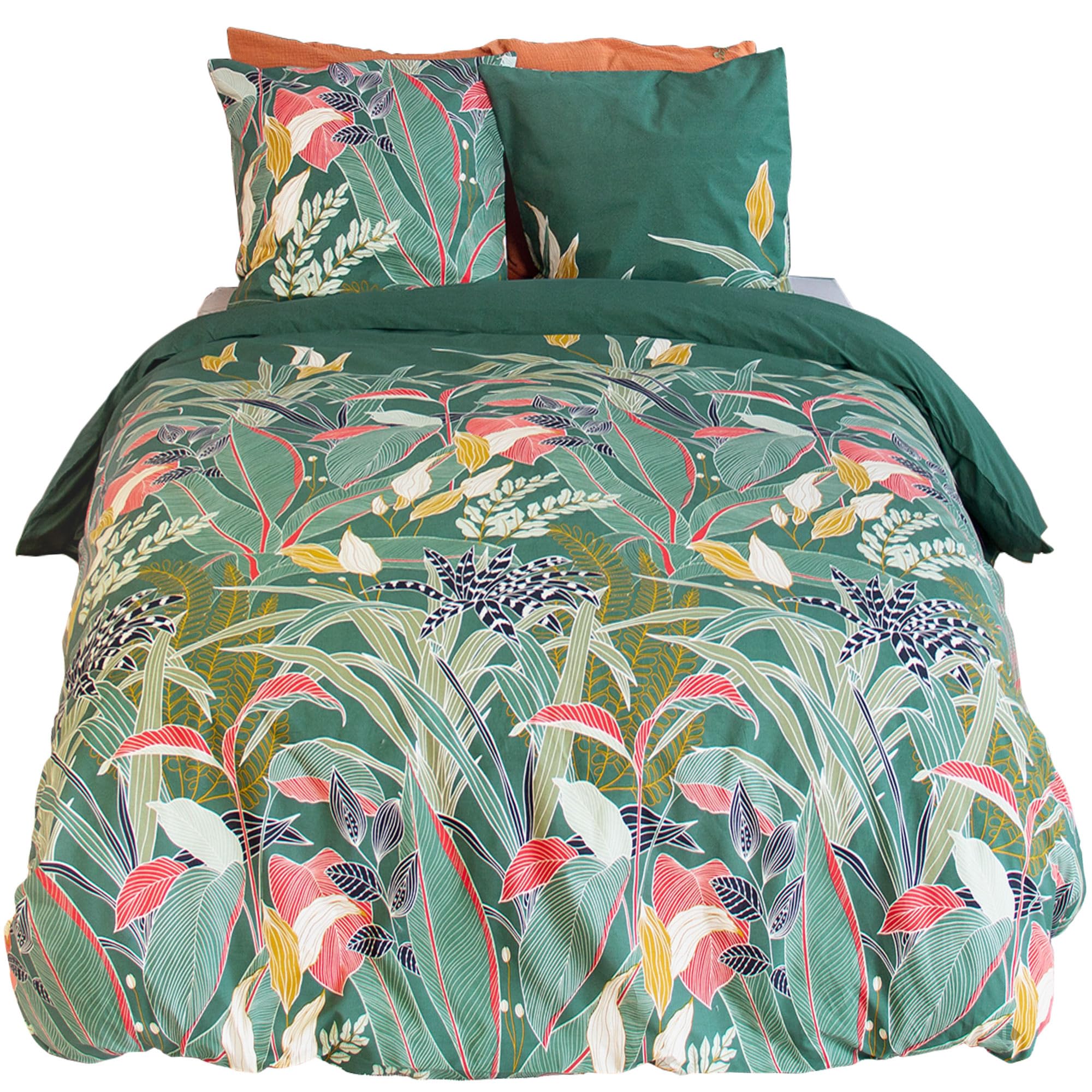 Parure de lit 260x240cm en Coton GIGAJUNG Vert Motif Tropical 3 pièces