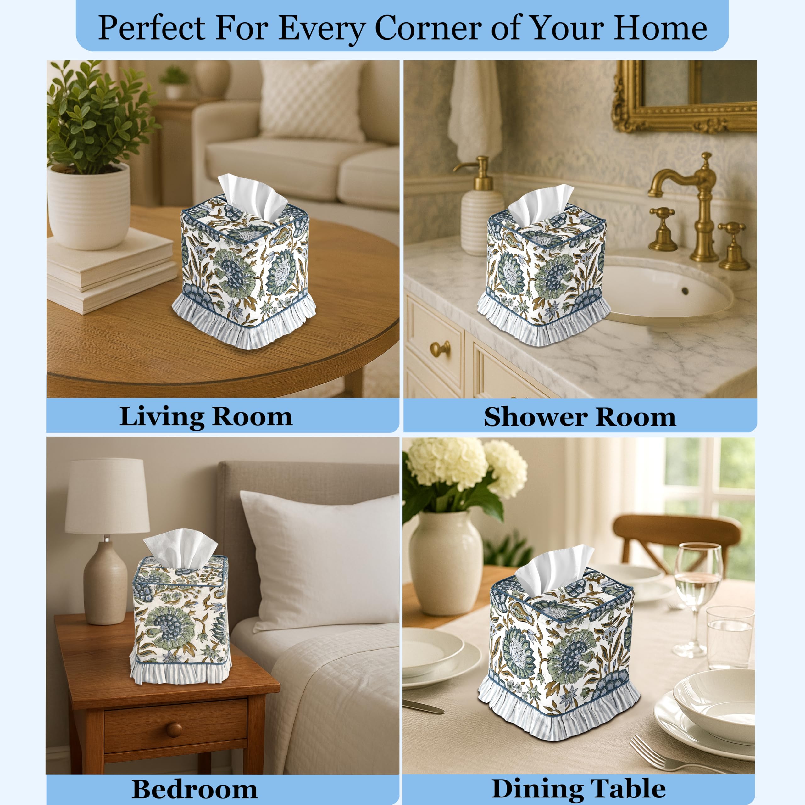 Ridhi Portatovaglioli quadrati decorativi in cotone fatto a mano con stampa a blocchi verdi con asparagi, per casa, camera da letto, soggiorno, bagno, piano di lavoro, auto, ufficio, cucina