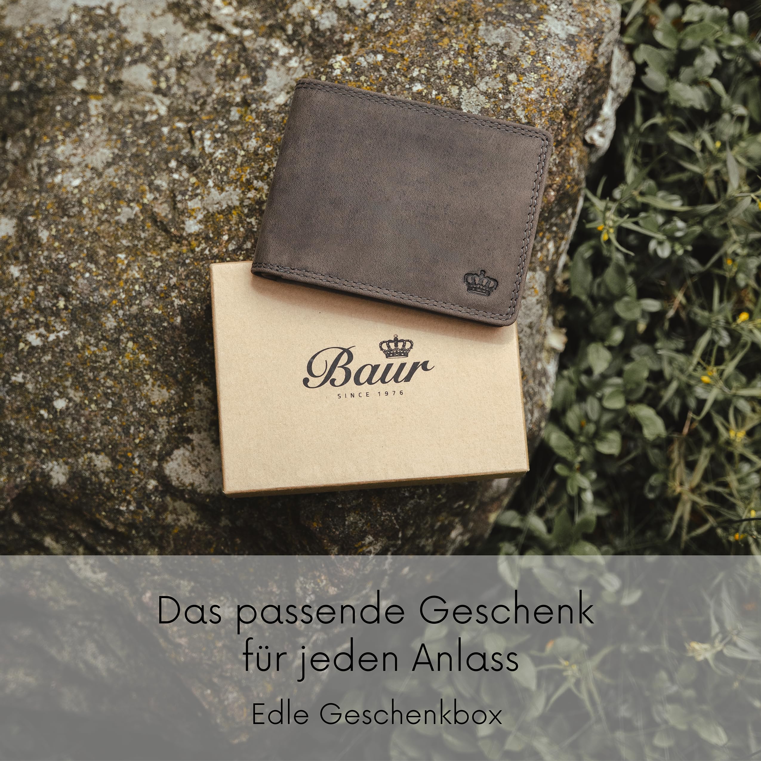 Baur - Cartera de piel de búfalo auténtica para hombre, con protección RFID, formato horizontal, con compartimento para monedas, con muchos compartimentos para tarjetas, gris, 12,5x9,5x2, Formato