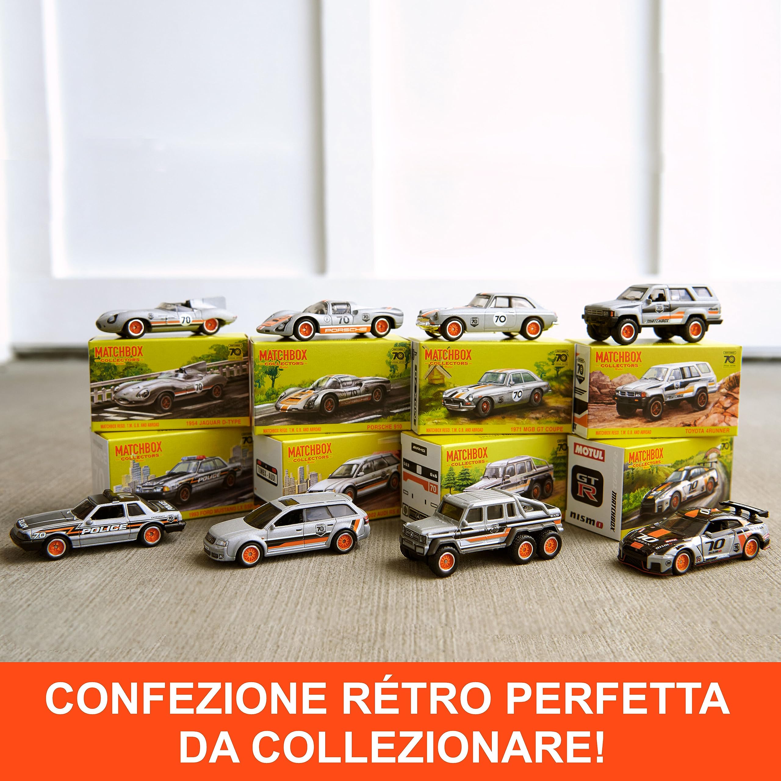 Matchbox - Set da collezione 70° anniversario di 8 macchinine die-cast in scala 1:64, decorazioni di qualità e finiture platino, 1 veicolo esclusivo incluso, giocattolo per bambini, 3+ anni, HPC03