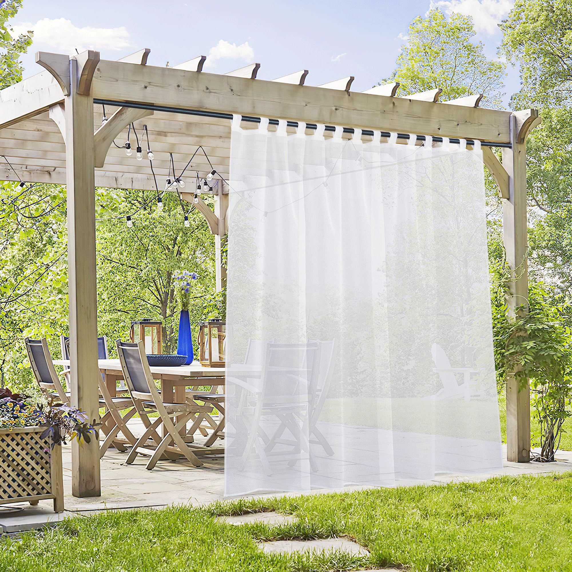 PONY DANCE Rideaux d'Extérieur - Blanc Rideau Voilage avec Pattes, Draperies Imperméable Décoration de Patio Jardin Terrasse Maison, L 254 x H 213 cm, 1 Piece