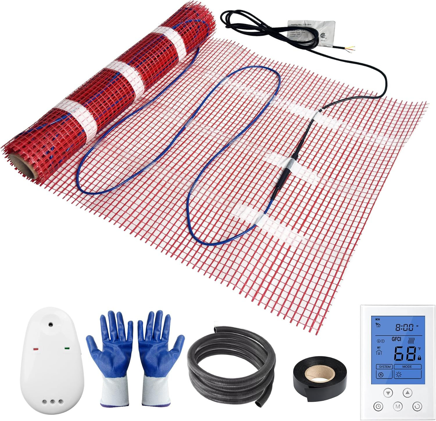 Electric Radiant Floor Heating System, 20 Sq.ft Electric Heated Floor Mats for Bathroom, Includes Programmable Thermostat, Heat Mat, Installation Monitor, and Temperature Sensors