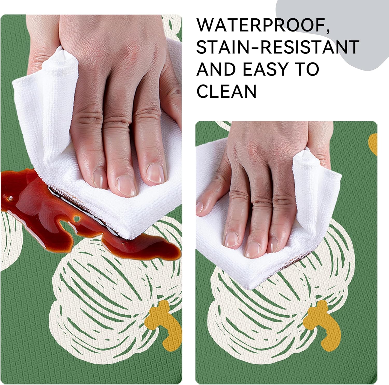 Fall Autumn Hand-Drawn Pumpkin Green Kitchen Rug Sets [2 PCs], Anti-Fatigue, Waterproof Non-Slip Kitchen Mats Heavy Duty Comfort Foam Rug for Kitchen, Floor, Laundry,17"x29"+17"x47"