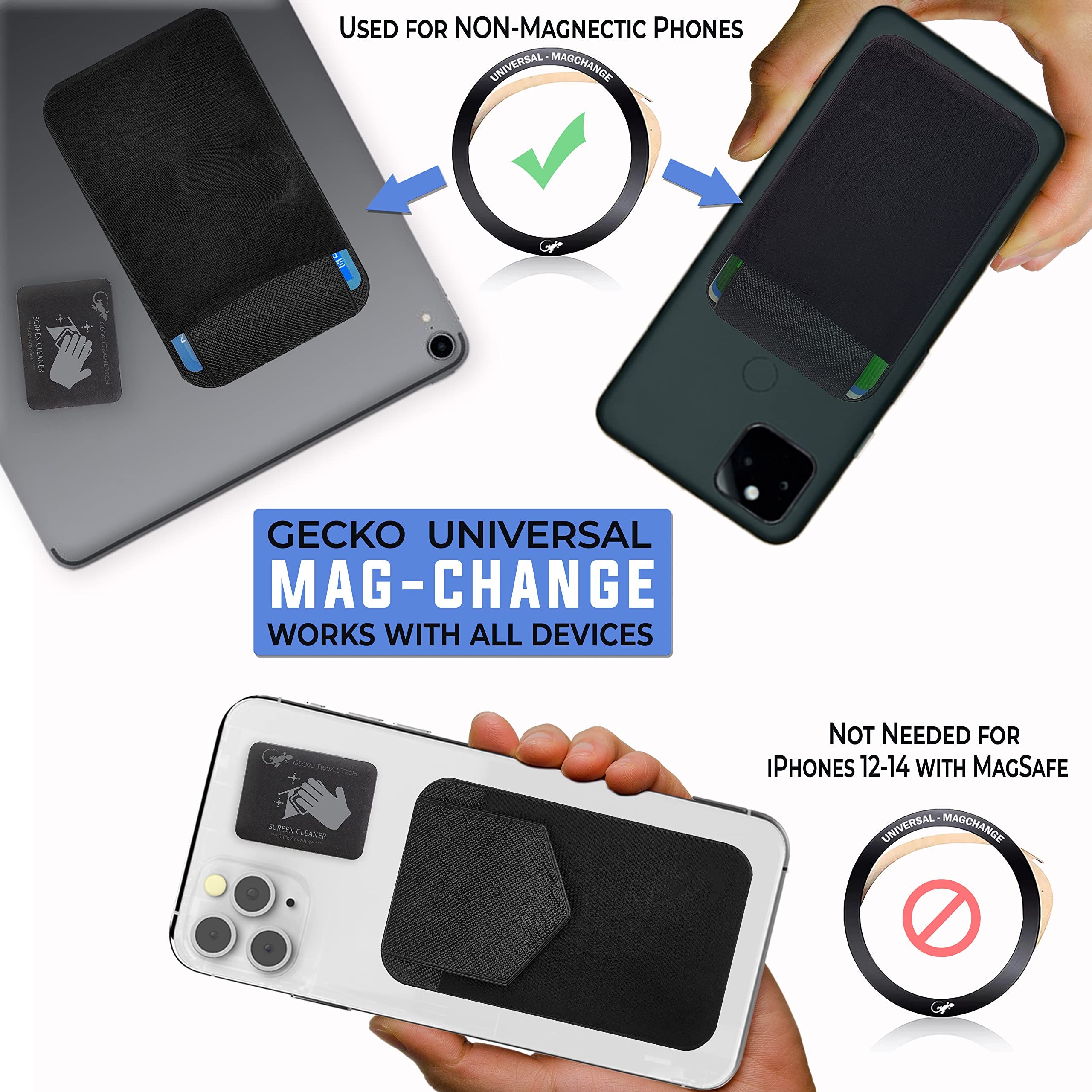 Gecko Travel Tech Portafoglio Magnetico Per IPhone 15 Pro Max – Con Custodia In Gel, Pellicola E Anello (Nero/Bianco)