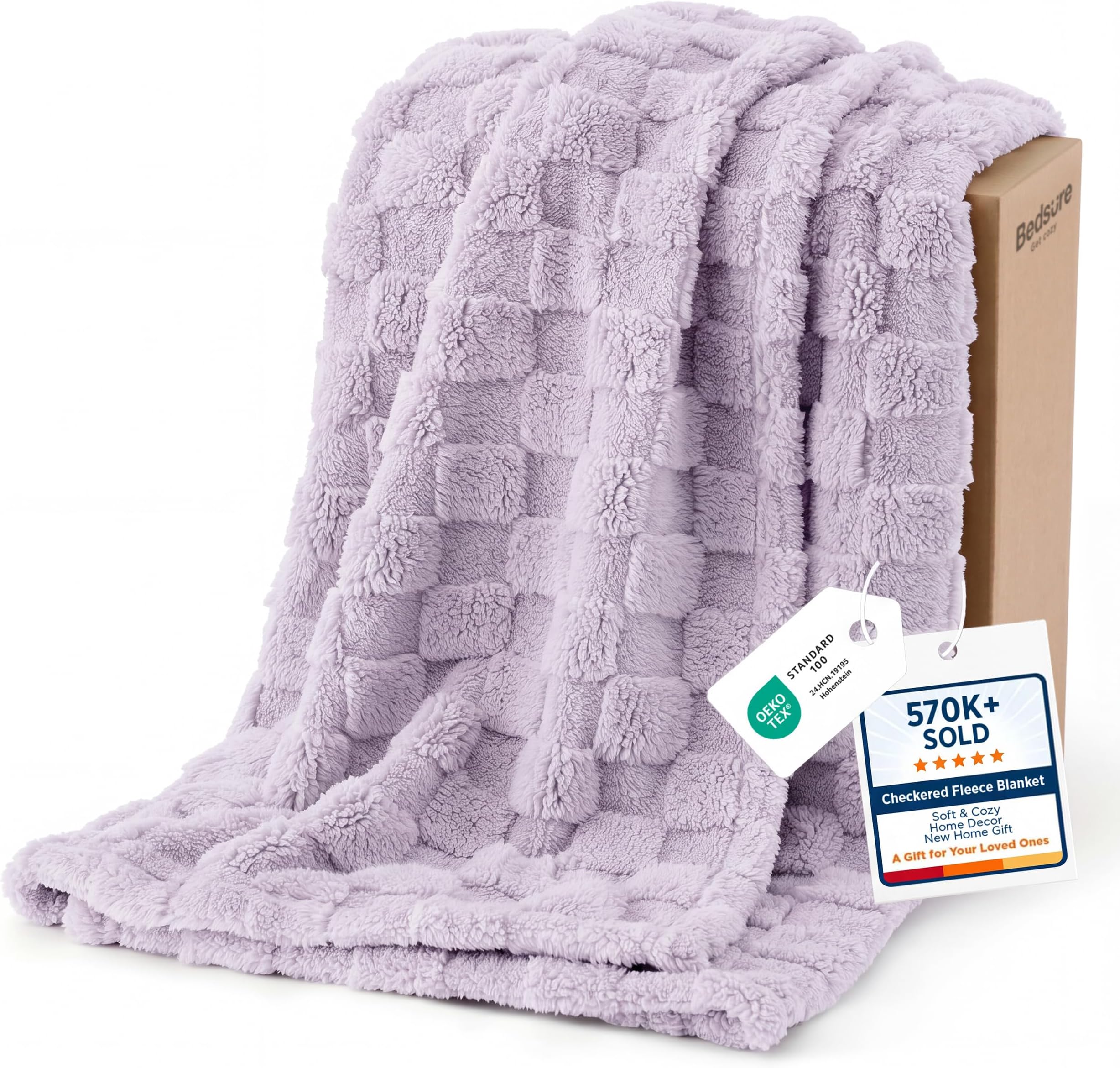Bedsure GentleSoft Lavender Purple Throw Blanket for Couch Bed, Checkered Fleece Soft Cozy Blankets Gifts for Mom，Purple Throw for Bedroom Home Decor for Girls, Lavender Fog, 50x60 Inches