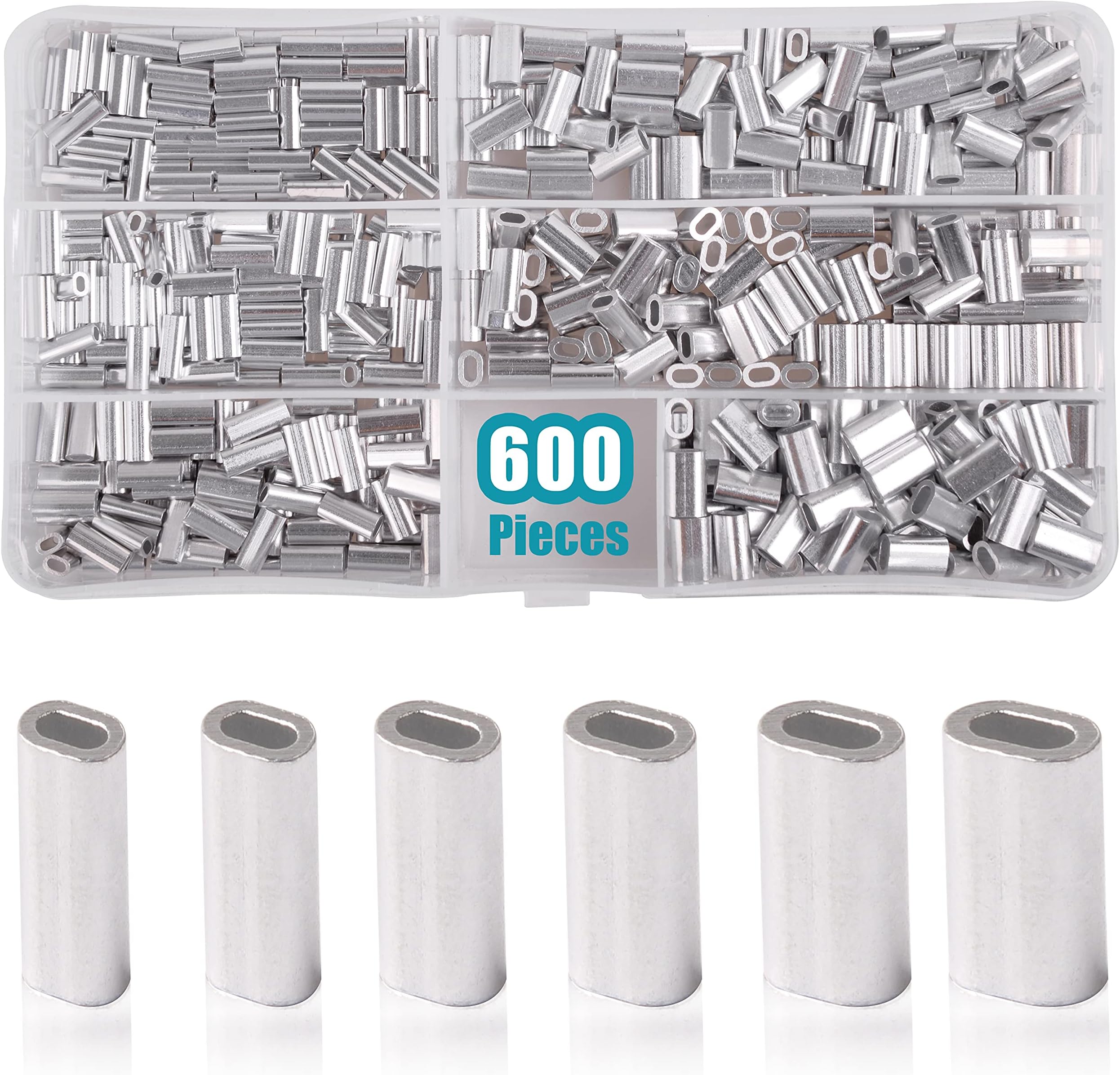 OROOTL Fishing Crimp Sleeves Kit, 600pcs Single Barrel Crimp Sleeves Assortment Aluminum Fishing Line Crimping Sleeves Oval Fishing Loop Sleeves Tube Connector Wire Rope Cable Leader Rigging Tackle