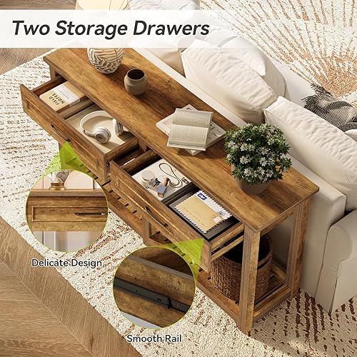 Miniatura 8 de LITTLE TREE Mesas consola modernas con 2 cajones, muebles de entrada rústicos de 63 pulgadas, mesa detrás del sofá con estante de almacenamiento,