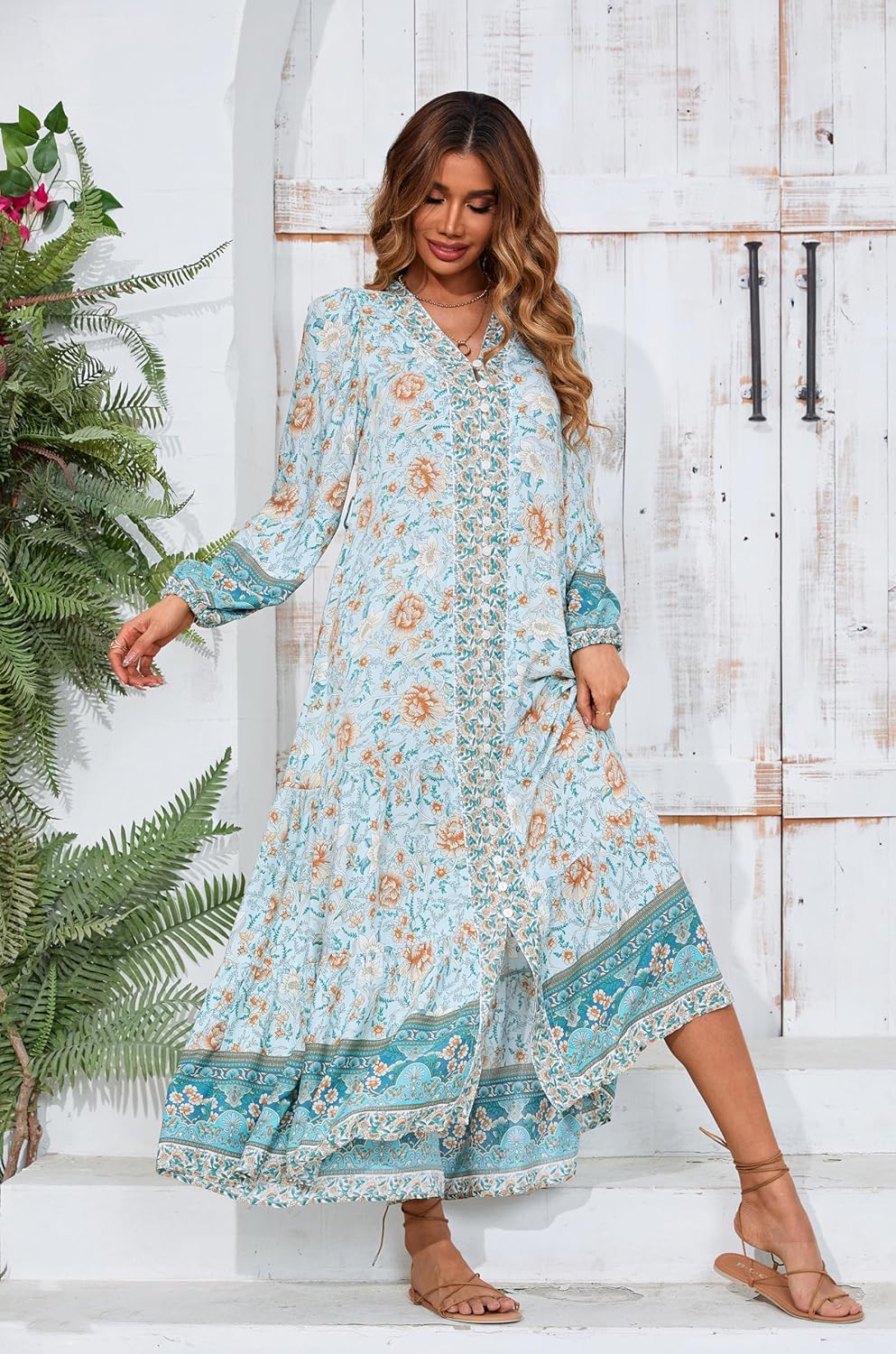 R.Vivimos Women's Long Sleeve Boho Midi Dress V Neck Floral Print Casual Button Down Loose Ruffle Beach Long Dress with Belt - Image 5