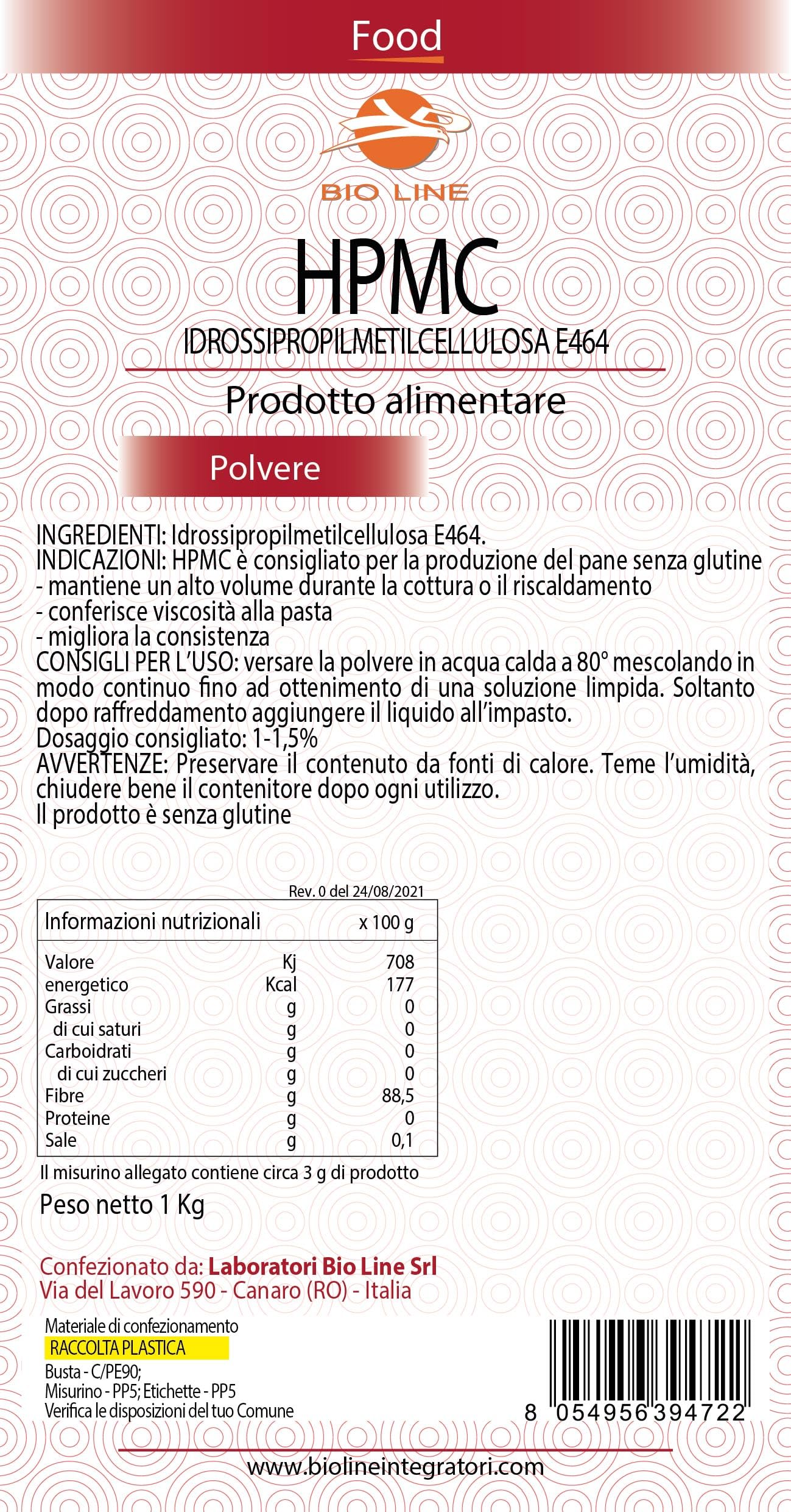 Laboratori Bio Line - HPMC Idrossipropilmetilcellulosa – Prodotto Alimentare in Polvere (E464) – Senza glutine – Sostanza Pura Senza Eccipienti (1 Kg)