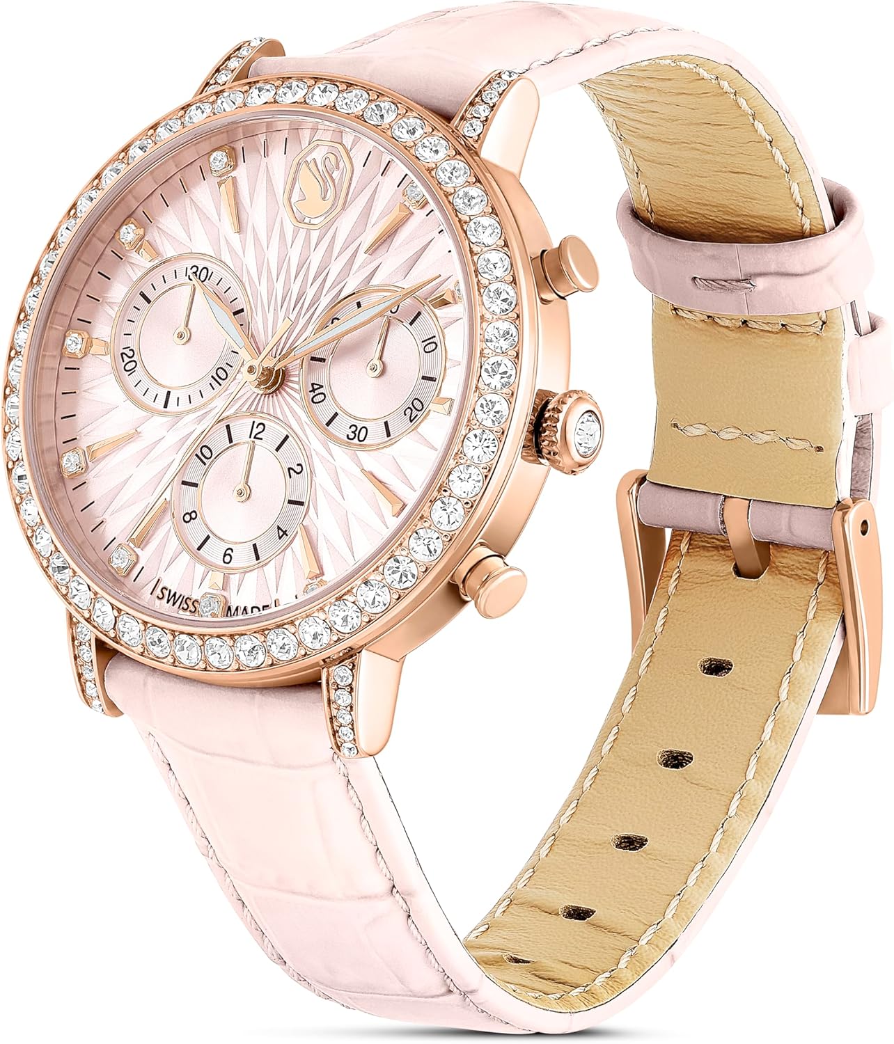 Swarovski Matrix Tennis Chrono Watch, Swiss Made, Leather Strap, Pink, Rose Gold-Tone Finish