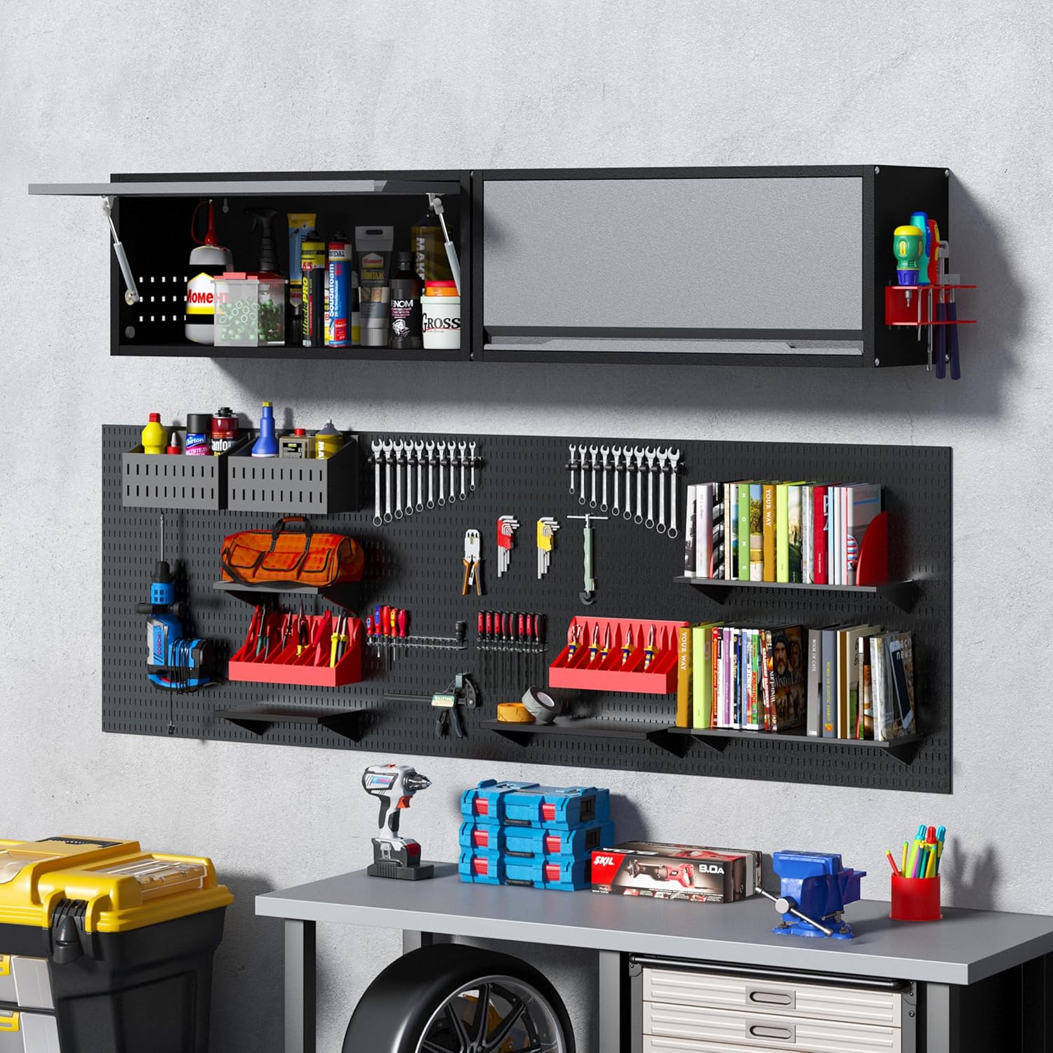 Metal Garage Wall Cabinet with Doors, 13.8" H 1 Door Small Wall Hanging Tool Chest Cabinet, Black Gray