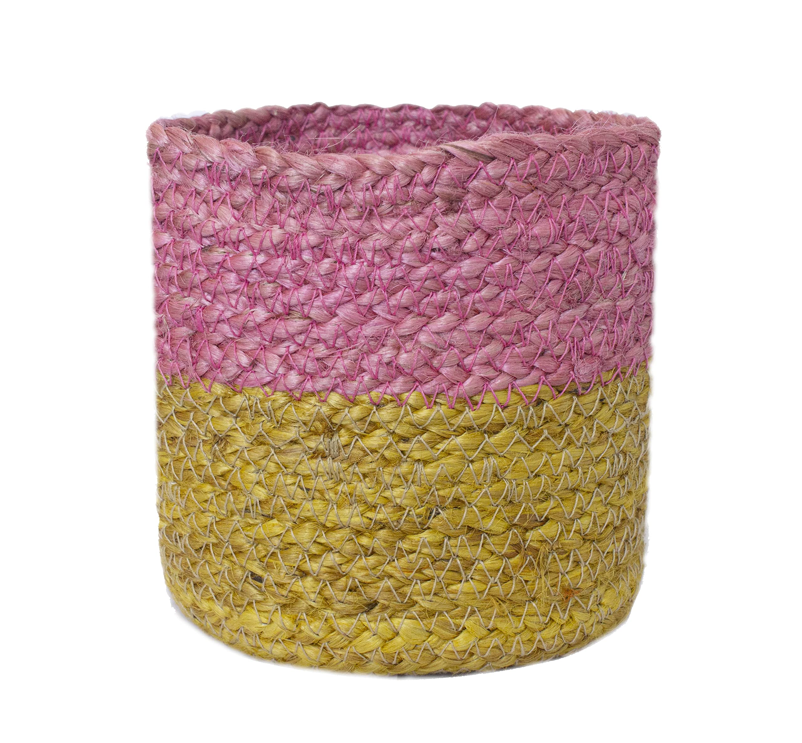 WOODLERY Circular Jute Multi Purpose Storage Basket Durable & Stylish for Nursery Home Organizing Pack of 3 (Pink & Yellow, Black & Pink, Red & Black_6x6inch)