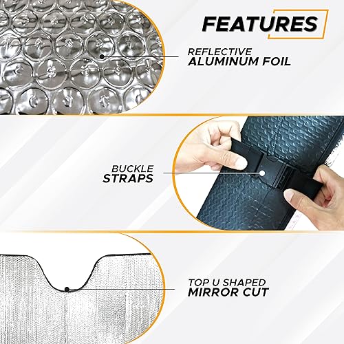 Miniatura 15 de EcoNour Parasol para parabrisas de automóvil de acordeón, doble visera plegable con 4 ventosas, parasol reflectante para parabrisas de automóvil