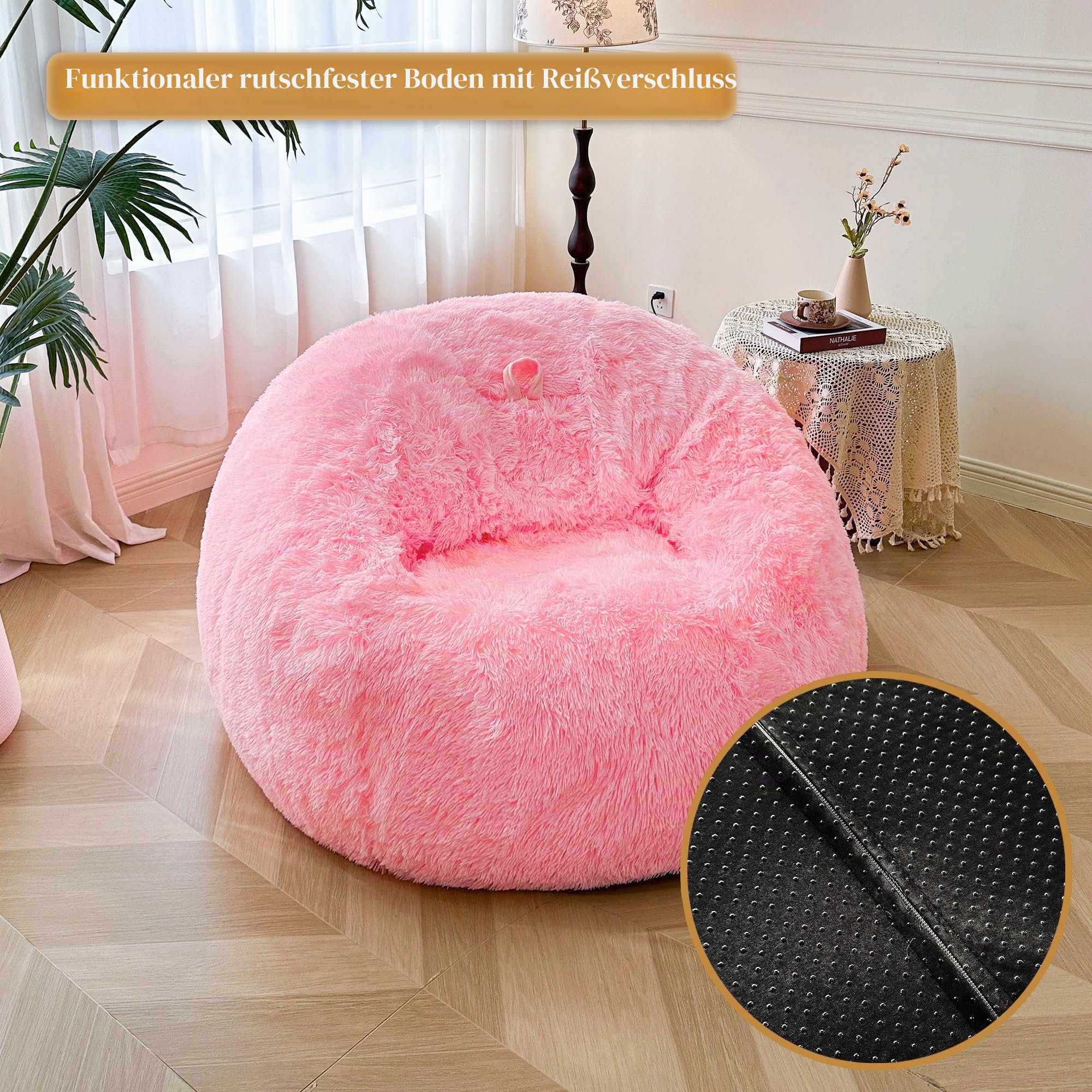 XeGe 5FT Riesenflauschige Sitzsackhülle (ohne Füllung), Ultrasoft Kunstfell Sitzsack zur Plüschtieraufbewahrung, XL Großer Lazy Sofa Sitzsack für Erwachsene Kinder Teens Mädchen, rutschfest, Rosa