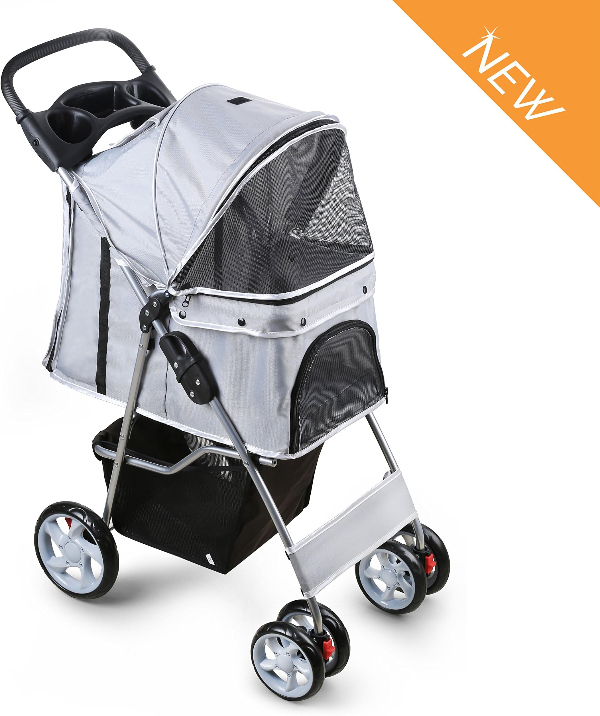 Dog Stroller, PetsN'all Four Wheel Pet Strollers for Small Dogs, Cats and More, Travel Foldable Carrier Strolling Cart - Gray