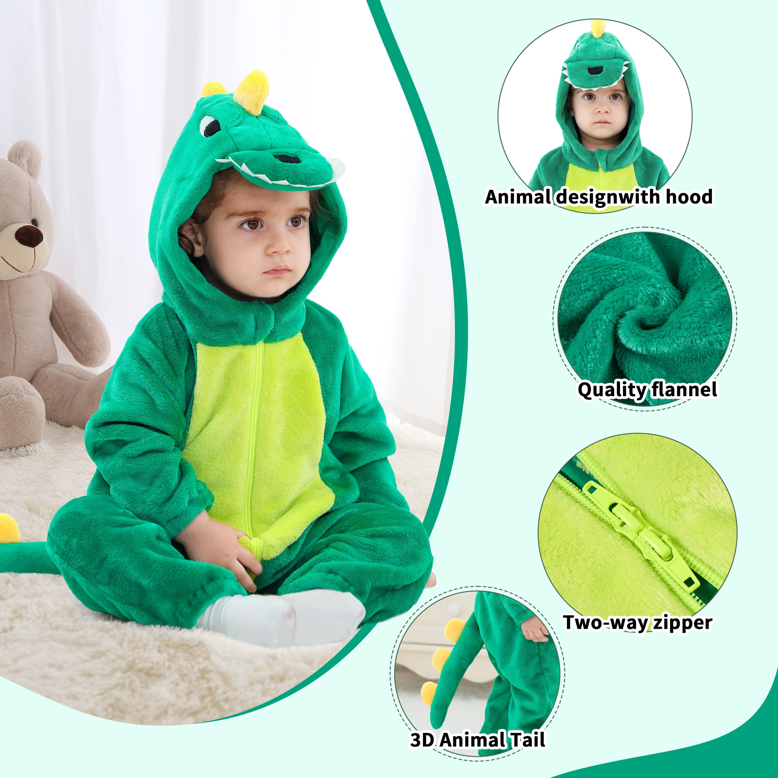 LOLANTA Costume da Dinosauro per Bambino Unisex, Costume da Animale con Cappuccio per Bambino, Tuta Sindacale in Flanella, Verde Lago, 18-24 mesi