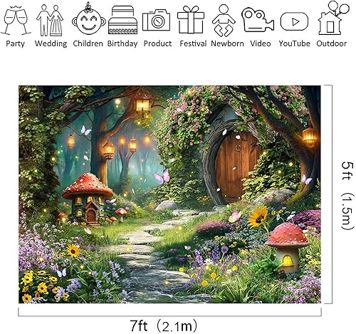 Miniatura 7 de Riyidecor Telón de fondo de bosque encantado Tela de poliéster Greenery Wonderland Tale Hongo Mariposa Bosque Planta 5 W* 7H Pies Fantasía Dreamland