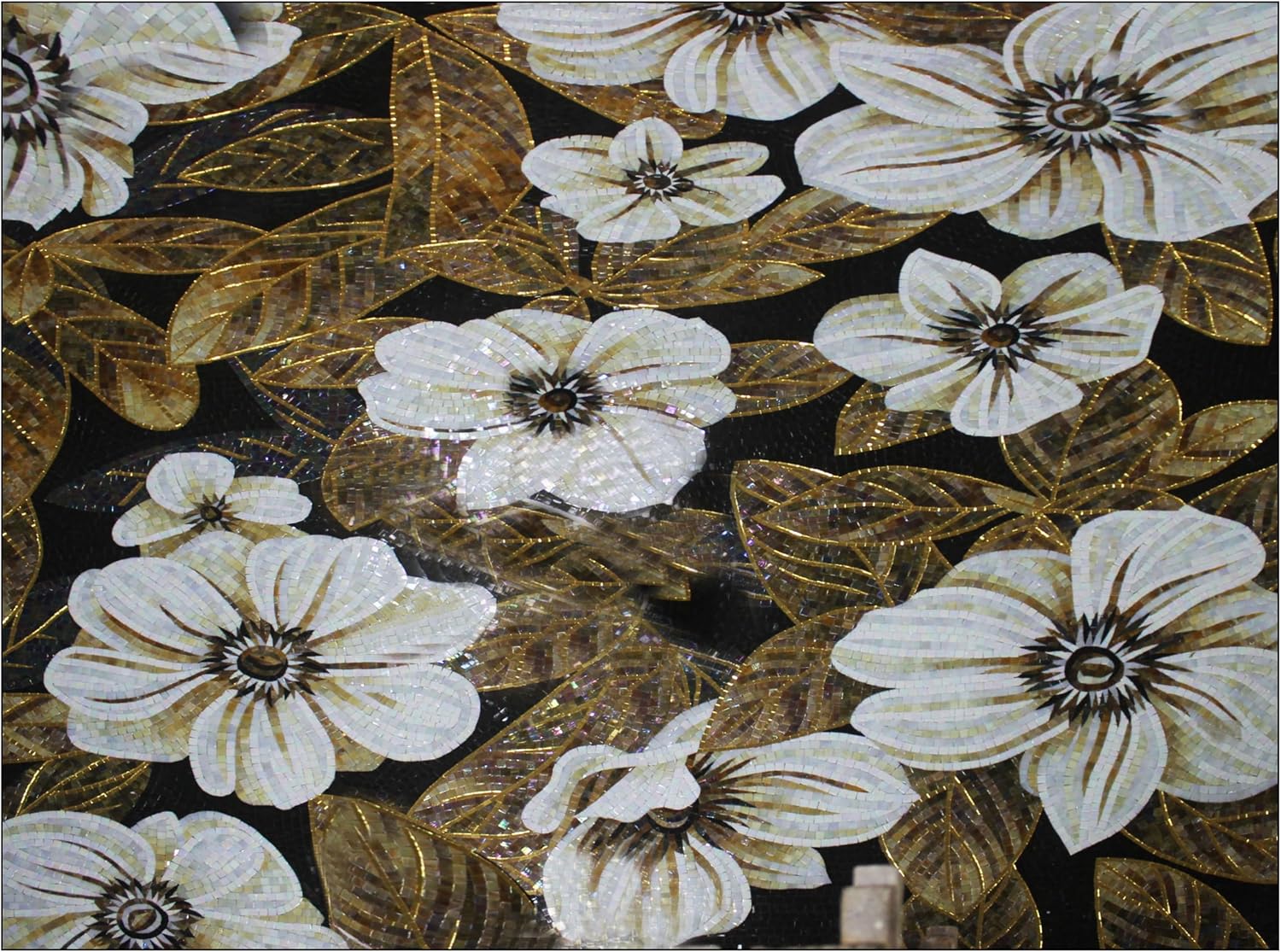 White Anemones glass Mosaic Wall Art, Handmade Floral Tile Mosaic Mural, Hand-Cut Botanical Glass Tile Artwork for Interior Wall Décor