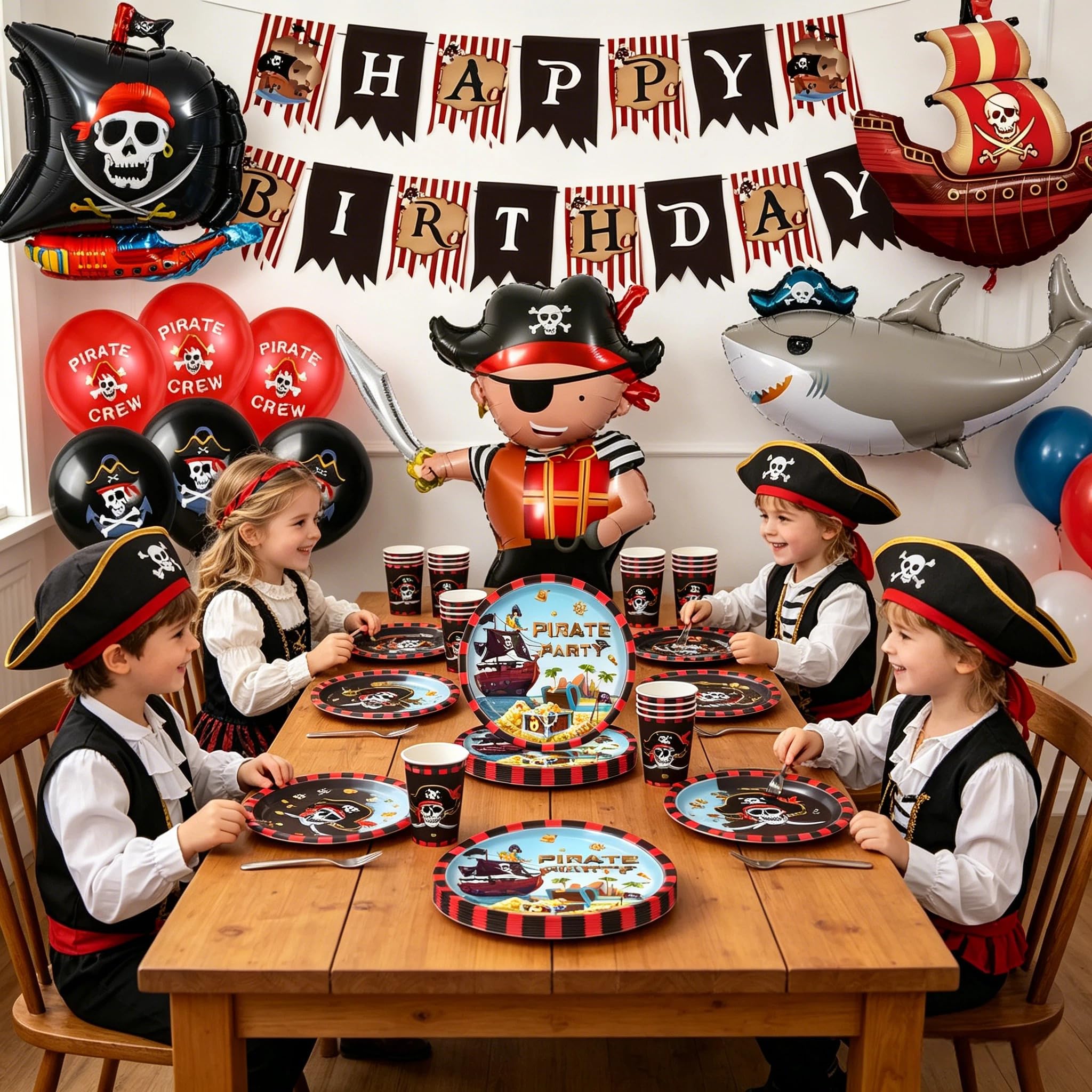 Set de décoration pour anniversaire pirate, 80 pièces - Vaisselle de fête pirate avec grand ballon en feuille pirate, kit d'accessoires de fête, décoration de fête pirate, assiettes en carton pirate