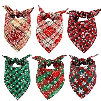 Whaline 6 Pack Christmas Dog Bandanas Reversible Red Green Buffalo Plaid Triangle Bids Snowflakes Pet Scarf Washable Cotton Pet Neckerchief Pet Costume Accessories Decoration for Cats Dogs