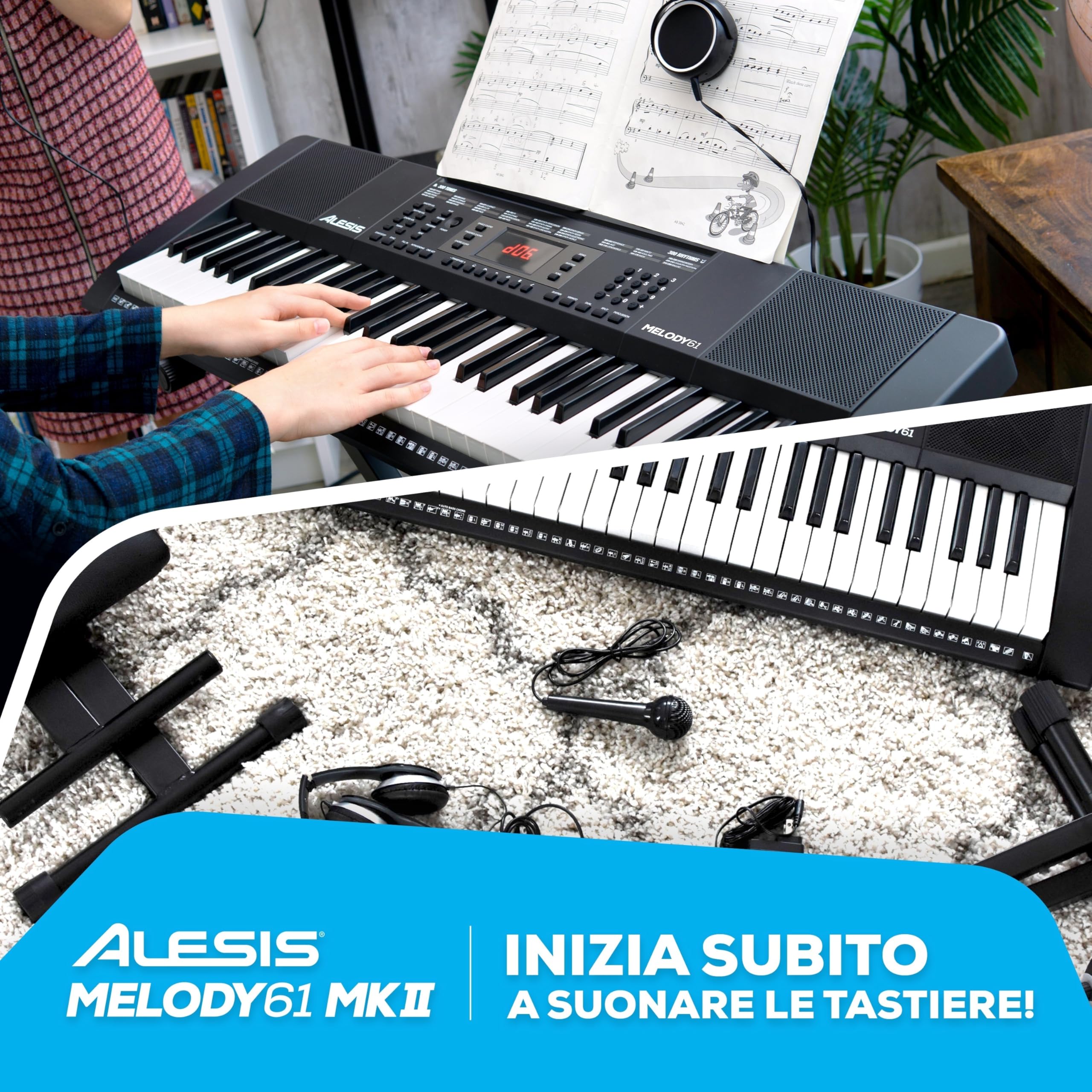 Alesis Melody 61 - Pianola Tastiera per Principianti con Diffusori, Supporto, Sgabello, Cuffie, Microfono, Leggio, 300 Suoni, Lezioni Musicali