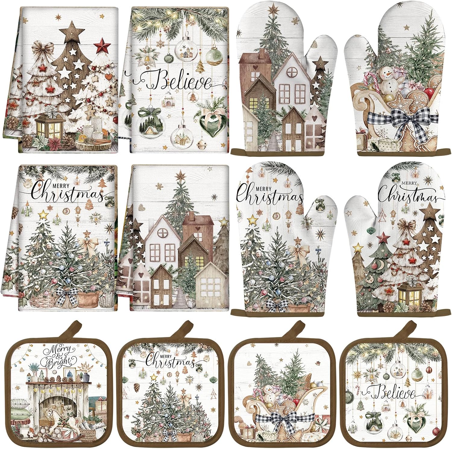 SiliFine 12 Pcs Christmas Oven Mitts and Kitchen Towel Sets 4 Christmas Rustic Dish Towels 4 Gingerbread Potholders 4 Vintage Resistant Glove for Cooking Baking Xmas Home Gifting