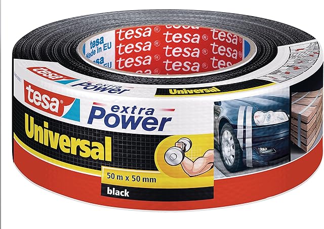 tesa Extra Power Mocna Taśma Klejąca Uniwersalna, Wzmocniona Tkaniną Taśma Naprawcza, Szeroka Gama Zastosowań, Doskonała Przyczepność, 50 m X 50 mm, Czarna, 56389-00001-05