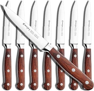 Emojoy Steak Knives Set of 8: Serrated German High-Carbon Steel, Razor-Sharp Full-Tang Blades, Pakkawood Handles & Gift Box