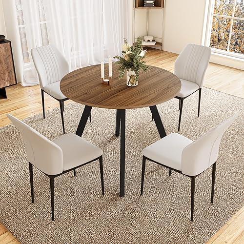 Mesa de comedor redonda de 34.6'' y sillas para 4, ahorro de espacio para apartamento, cocina, comedor (Mesa de nogal+4 sillas blancas) Mesa de