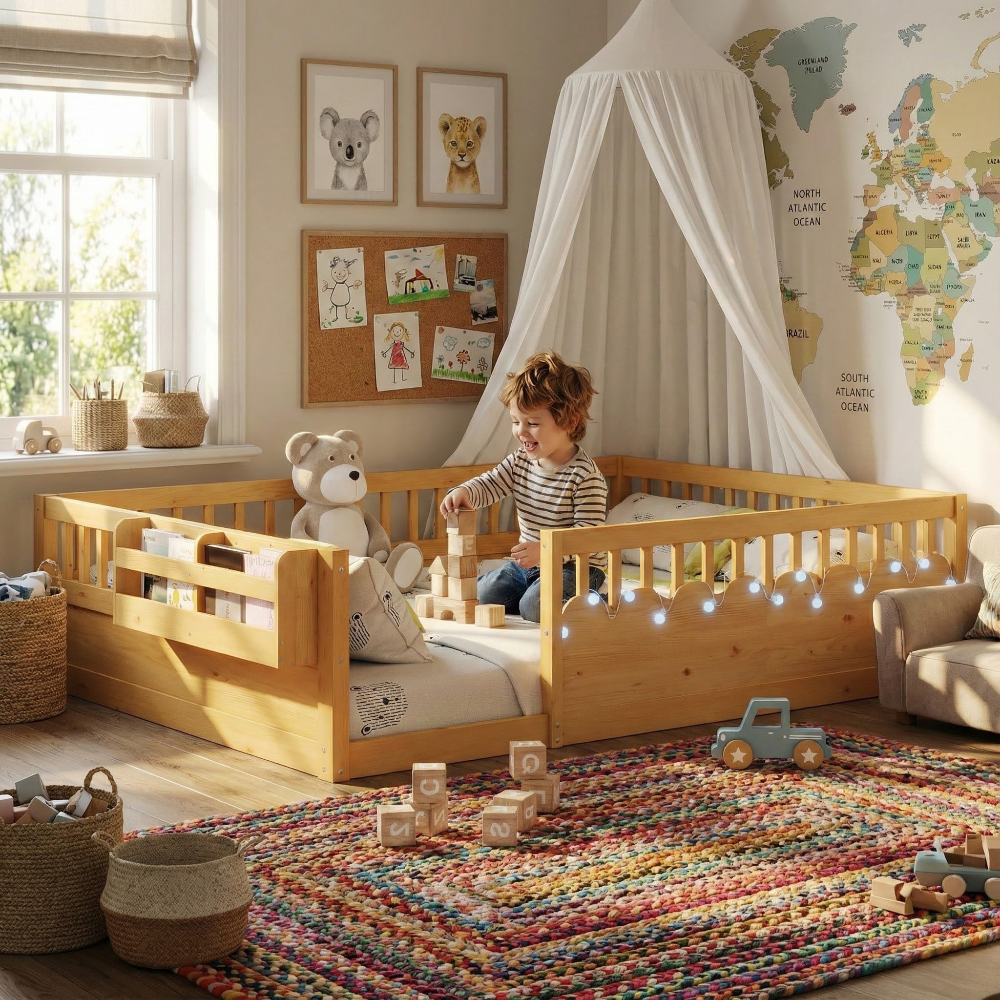 MoproBeti Montessori Floor Bed with High Rails,Full Size Floor Bed Frame for Kids, LED Lights & Storage Shelf, Safe & Wider Opening Gate Design, Playground & Sleep Space for Girls Boys,Natural