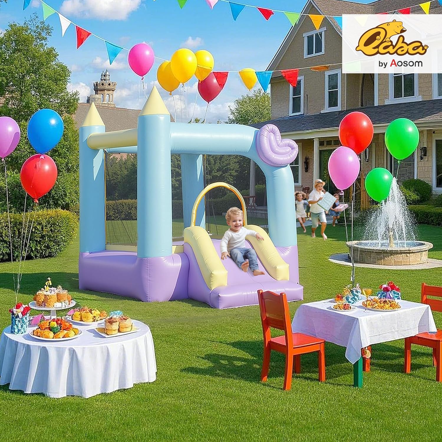 Qaba Bounce House, Inflatable Bouncer with Air Blower, Outdoor & Indoor Bouncy Castle with Slide, Stakes, Repair Patches, Storage Bag, for Kids Ages 3-8, 98" x 65" x 79"