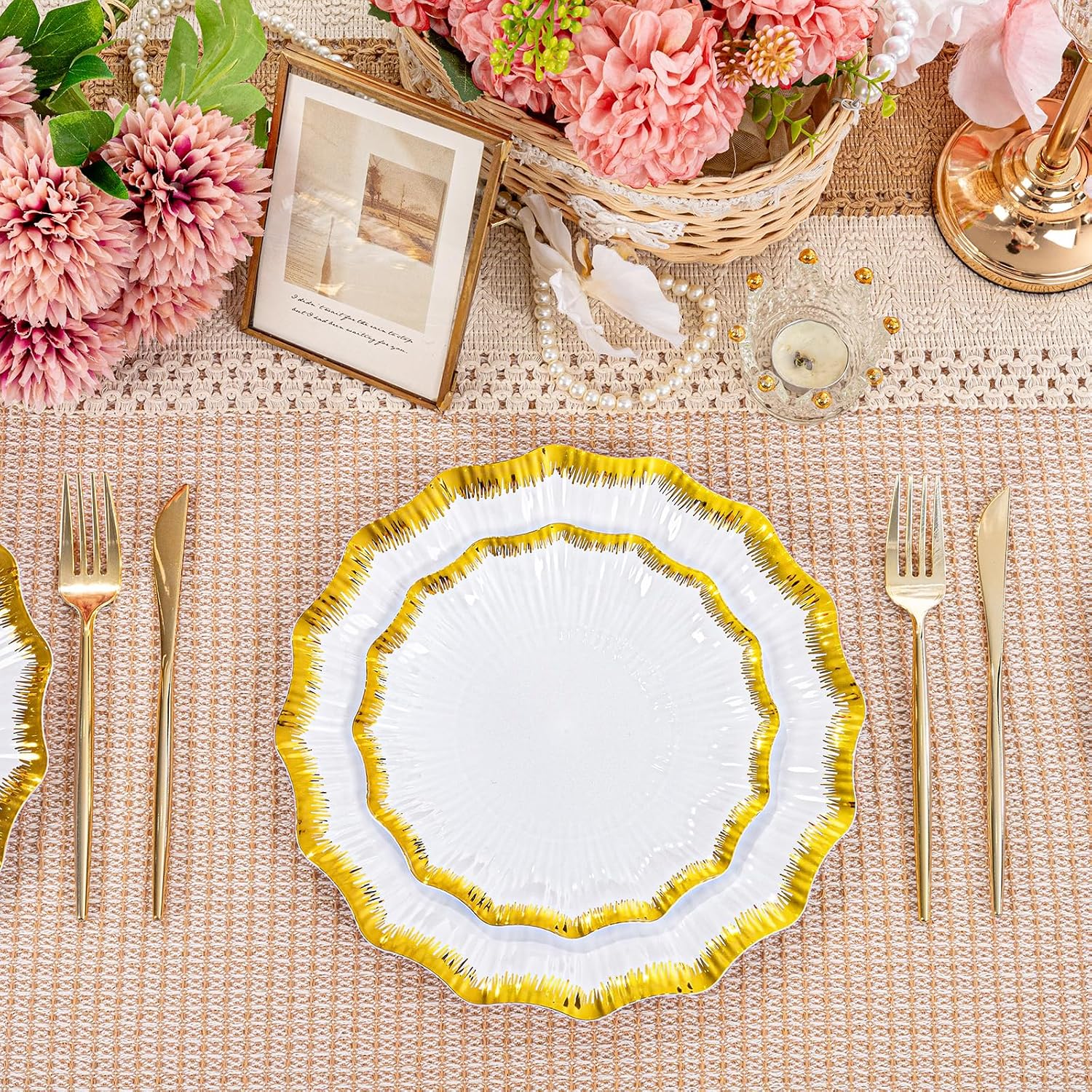 DaYammi 60Pcs White Plastic Plates with Gold Rim,Gold Disposable Plates - Heavy duty Plastic Plates Include 30 Dessert Plate,30 Dinner Plate,White gold Scalloped plates for Party Wedding