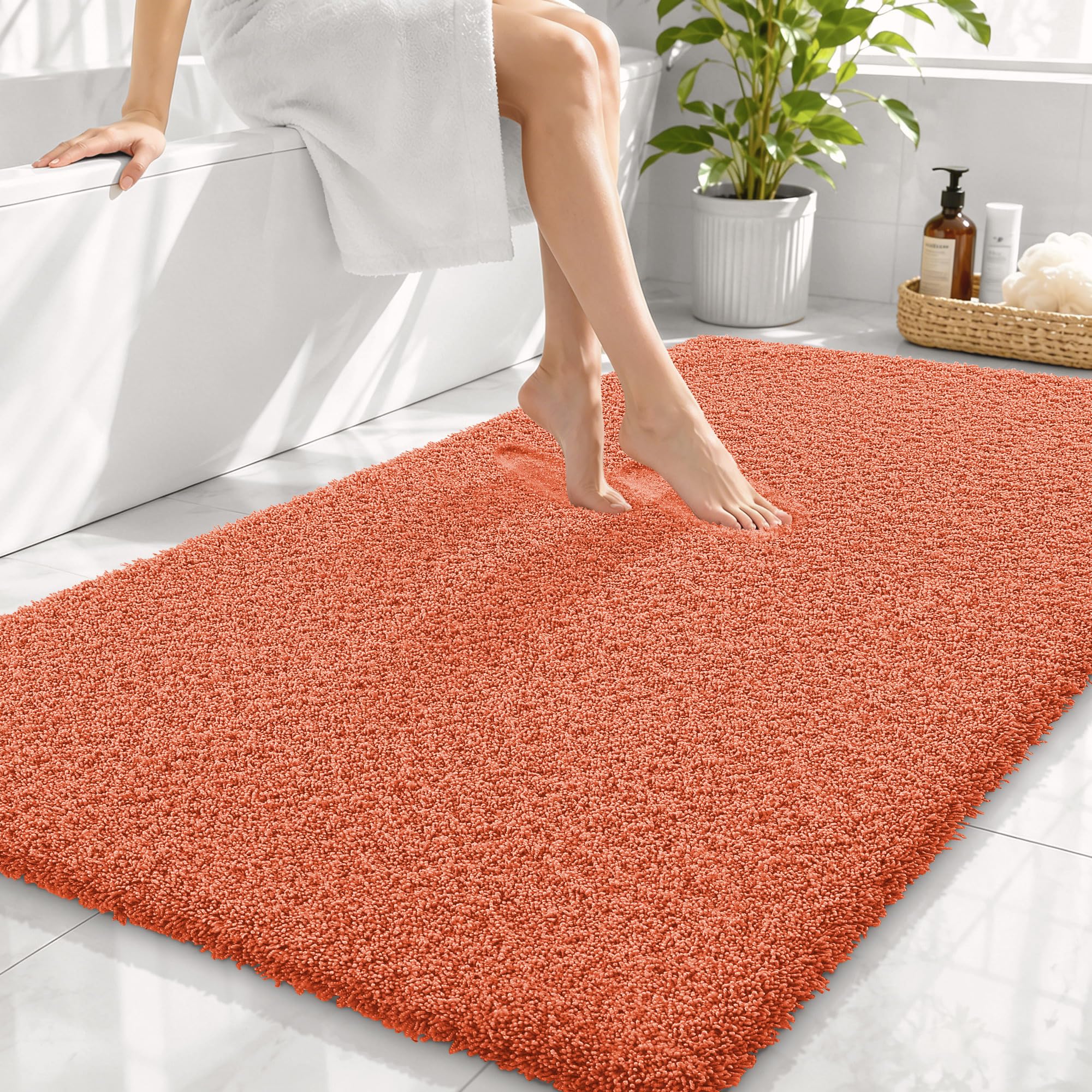 OLANLY Microfiber Large Bathroom Rugs 44x32, Soft Absorbent Bath Mat, Coral