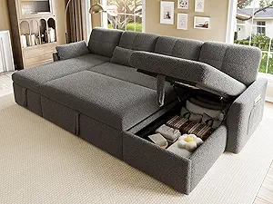 DWVO 105" Sectional Sofa Couch, 2 in 1 Sleeper Sofa Bed with Reversible Storage Chaise Pull Out Bed, U-Shape Sofa Bed for Living Room, Side Storage Pocket, Teddy Fleece, Grey