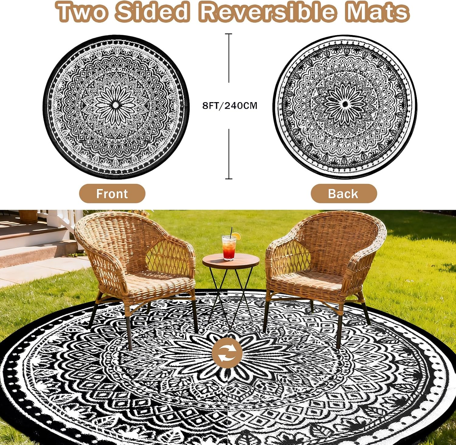 Round Outdoor Rug 8Ft for Patio Waterproof, Outdoor Reversible Mat, Portable RV Camping Mats, Lightweight Plastic Straw Rugs for Deck Porch Picnic Beach Garden Decor, Black/White
