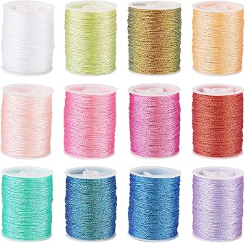 Elecrelive 12 Rolls 0.5mm Metallic Cords Braided Beading Thread Bracelet String Colorful Polyester Tinsel String Christmas Ornament String for Sewing Gift Wrapping Home Decoration