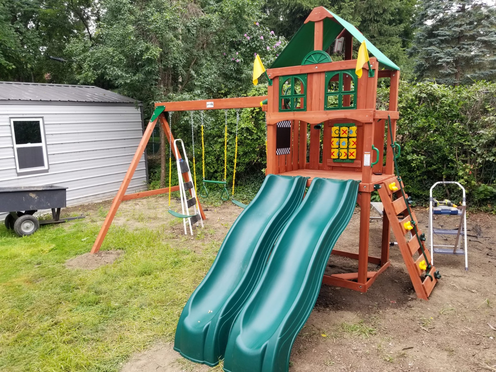 38/mo Finance Gorilla Playsets 011057 Playmaker Deluxe Wooden Swing Set with Vinyl Canopy