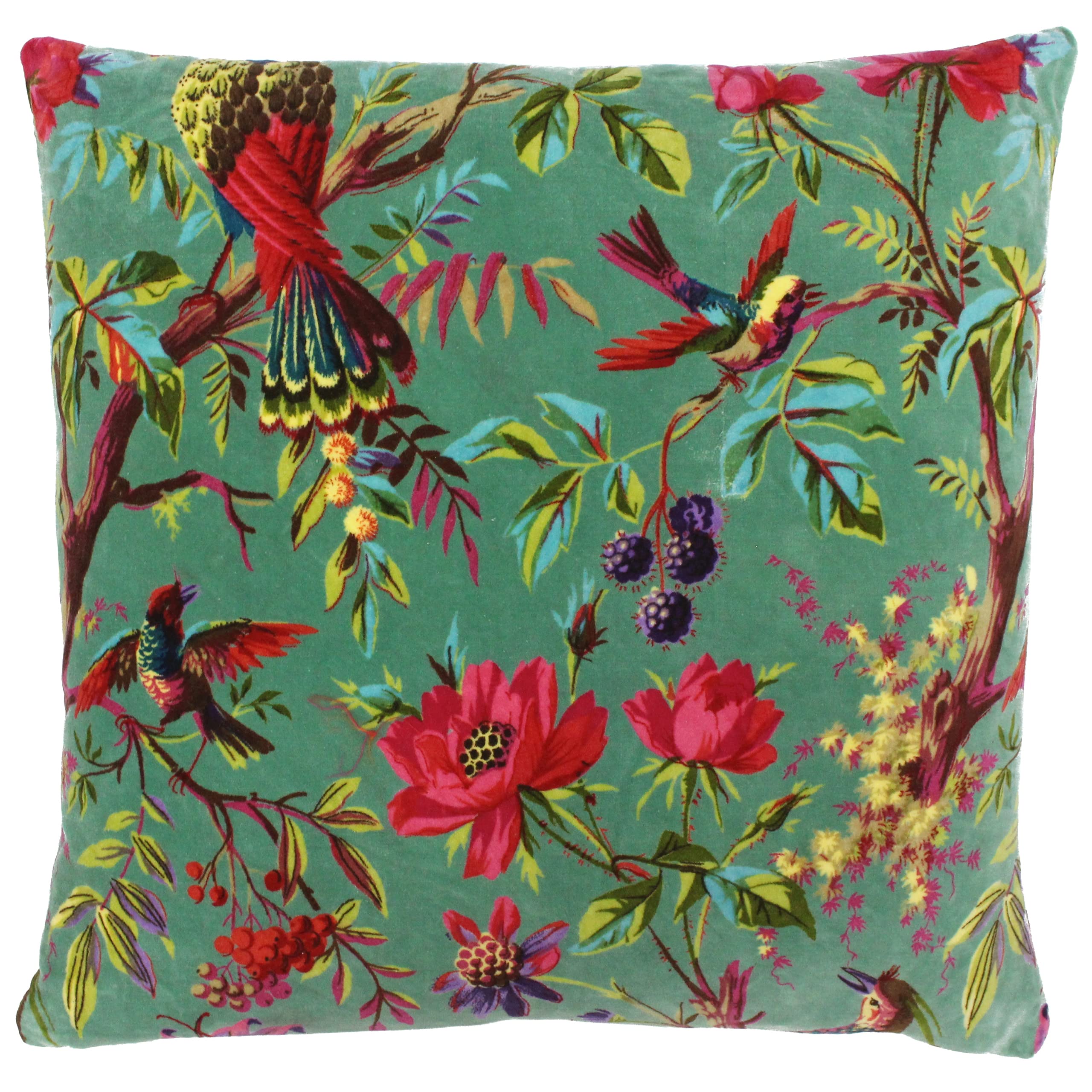 Paoletti Paradise Aqua Velvet Cushion - Indian Nature Print - Chinoiserie Style - Blue