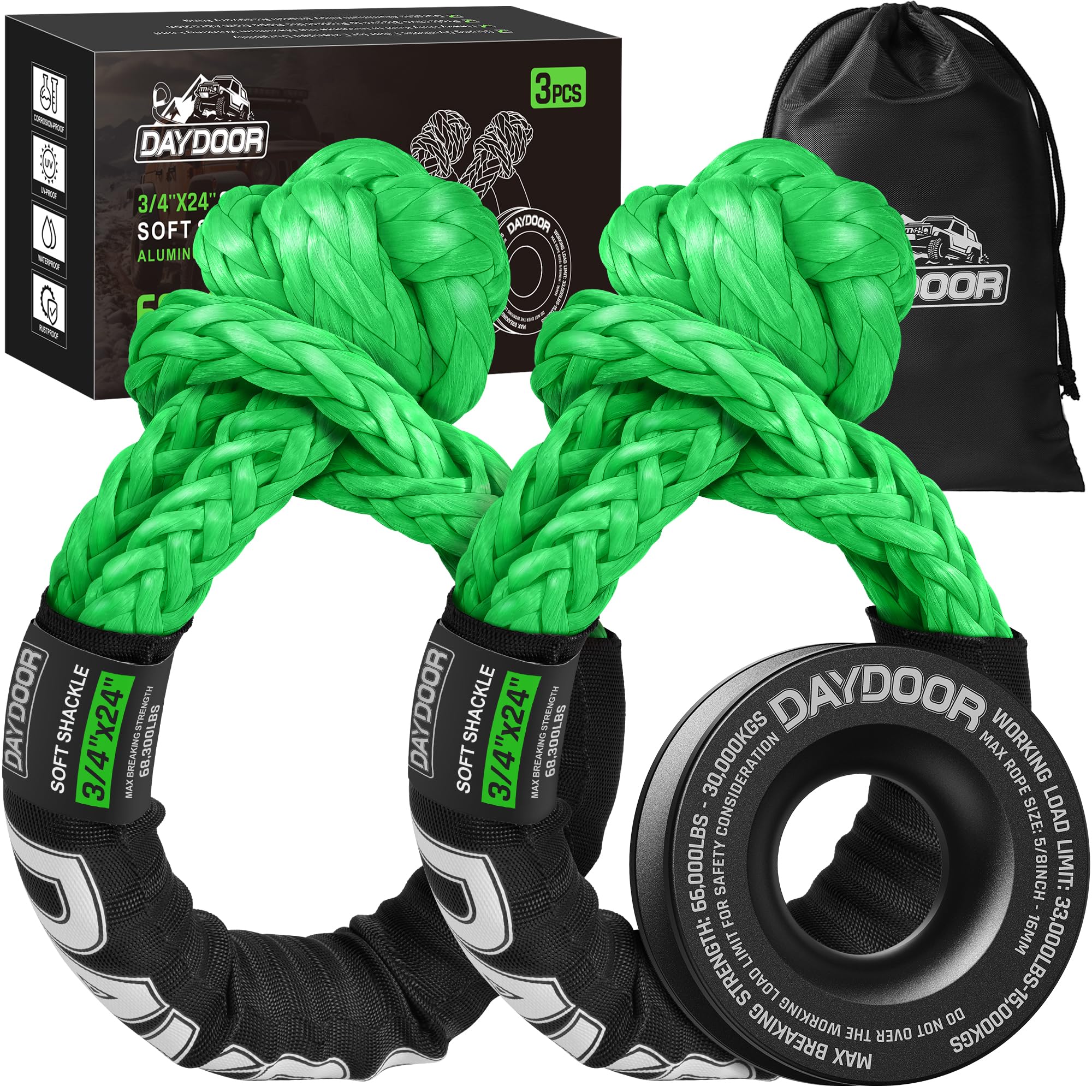 DAYDOOR 68,300 LBS Soft Shackle Recovery Kit, 3/4" x 24" (2-Pack) with 7075 Aluminum Snatch Ring, Winch Accessory for Ford F250/F350, Ram 2500/3500, Heavy Tractor & Full-Size Trucks(Green)