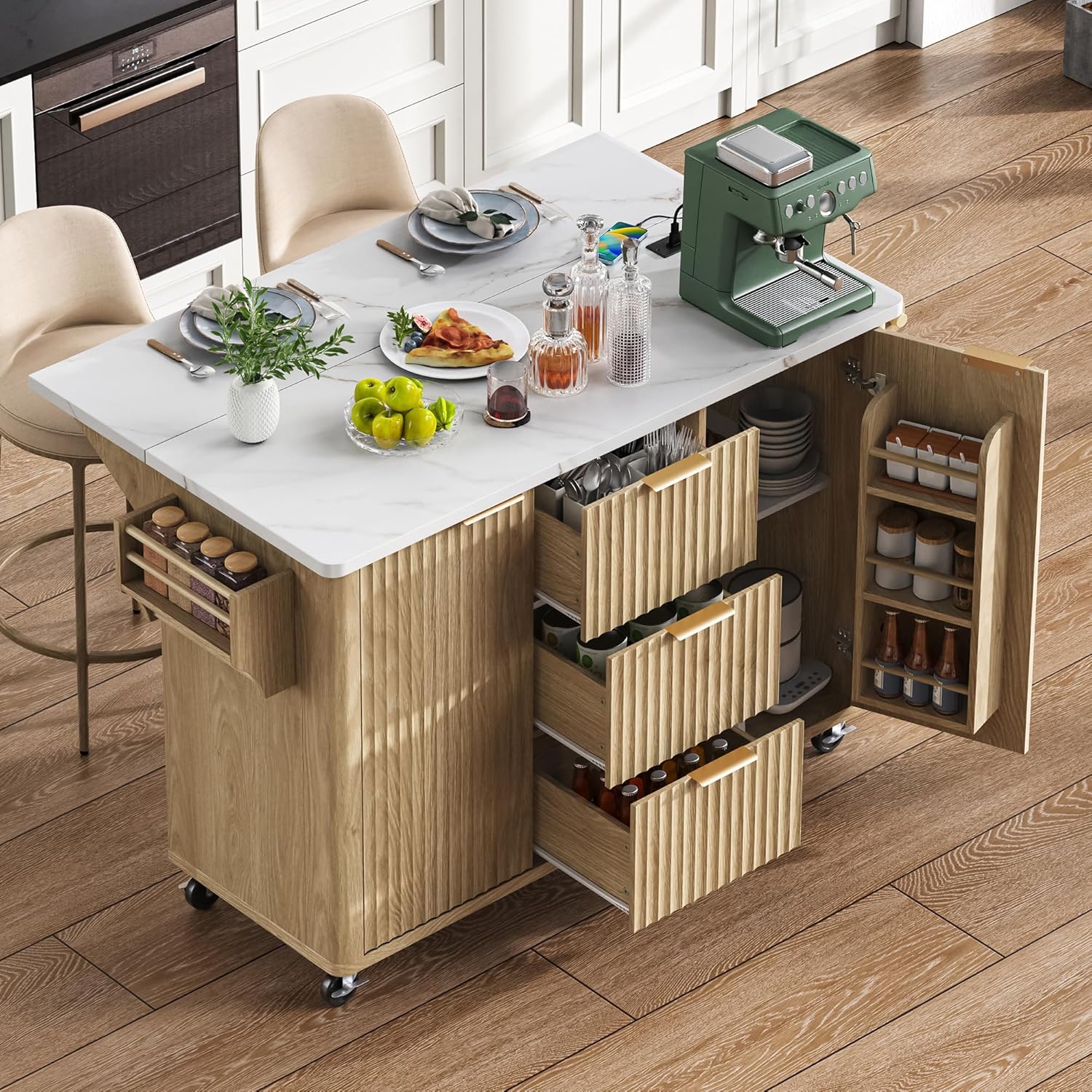 Merax 55.5" Fluted Kitchen Island with Drop Leaf, Power Outlet,Kitchen Grill Cart Island with Storage-6 Door Shelves,Adjustable Shelves,Faux Marble Top,Curved Edge for Kitchen,Natural