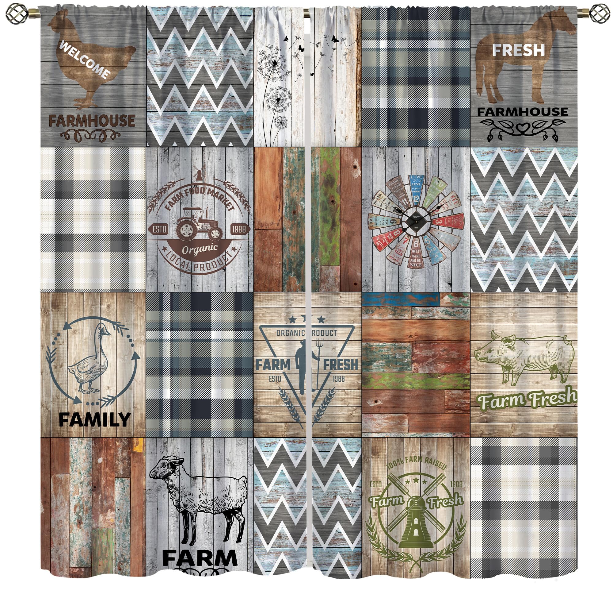 Rustic Country Farmhouse Patchwork Curtians,Farm Cow Roster Horse Wooden Plaid Dandelion Rod Pocket Blackout Window Drapes for Kitchen Bedroom Living Room 21x45in,2 Panel Set